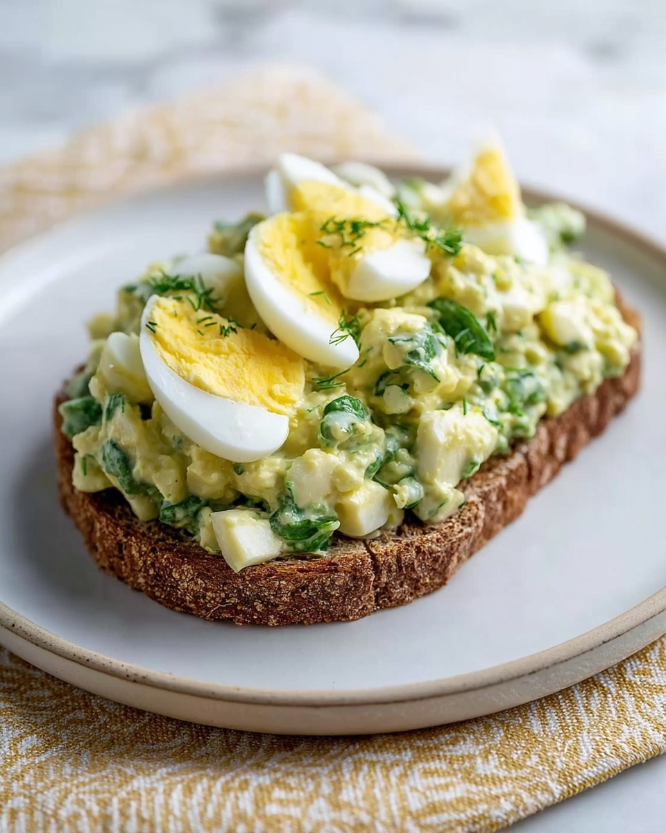 A single slice of dark brown bread with a coarse texture sits on a white plate, topped thickly with a chunky, pale yellow and green egg salad mixed with finely chopped greens. The salad contains visible pieces of hard-boiled egg white and yolk, with larger quartered pieces of peeled hard-boiled egg placed on top. The plate rests on a beige cloth with a subtle white geometrical pattern, all set against a white marbled surface. photo taken with an iphone --ar 4:5 --v 7