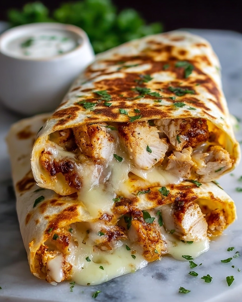 The image shows two folded tortillas stacked with the open side facing forward, revealing layers of grilled chicken pieces browned with spices inside. The melted cheese inside is soft and gooey, stretching out slightly from the tortillas as it melts together with the chicken. Small bits of chopped green herbs are sprinkled throughout the filling and on top of the tortillas. The tortillas are lightly browned with grill marks, creating a golden spotted pattern on the surface. Everything sits on a white marbled textured surface with a blurred white round container and green herbs in the background. photo taken with an iphone --ar 4:5 --v 7