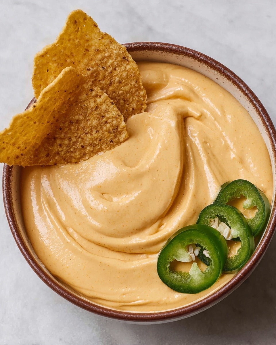 A close-up view of a single bowl filled with creamy, smooth, light orange cheese dip that fills the bowl almost to the top with gentle swirls on the surface. Two light golden-brown crispy chips are partially dipped into the cheese on the left side, with a rough, bubbly texture. On the right side, two fresh, bright green jalapeño slices add a pop of color. The bowl has a simple round shape with a brown rim and sits on a white marbled surface. Photo taken with an iphone --ar 4:5 --v 7