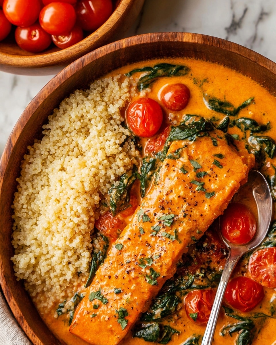 A close-up view of a wooden bowl filled with three main layers: on the left, there is a light beige couscous with grainy texture, taking about one-third of the bowl; on the right, a large piece of cooked salmon covered in a smooth, bright orange creamy sauce sprinkled with small green herb bits and some black pepper, with wilted dark green spinach leaves and shiny red grape tomatoes mixed in the sauce around the fish. A silver spoon rests inside the bowl on the right side. In the background, a wooden bowl filled with fresh, shiny red grape tomatoes sits on a white marbled textured surface. photo taken with an iphone --ar 4:5 --v 7