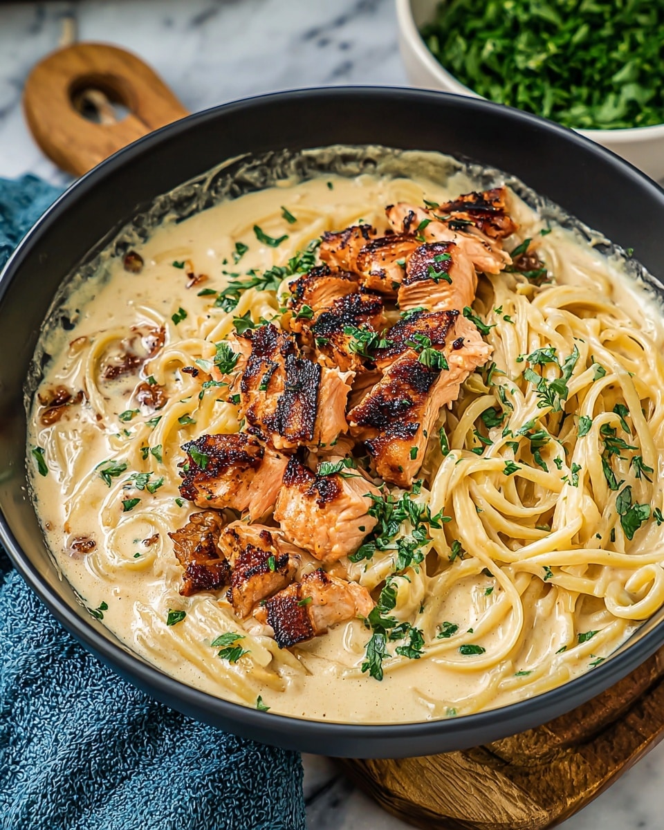 A black bowl filled with creamy light beige-colored pasta sauce as the base layer, mixed with long, smooth spaghetti noodles partly submerged in the sauce. On top, there are pieces of grilled salmon with a browned, slightly charred surface showing a mix of dark brown and pink-orange hues. The dish is garnished with finely chopped fresh green herbs scattered around the salmon and noodles. The bowl is placed on a wooden board with a blue textured cloth beside it, and a part of a white bowl with chopped greens is seen in the background over a white marbled surface. Photo taken with an iphone --ar 4:5 --v 7
