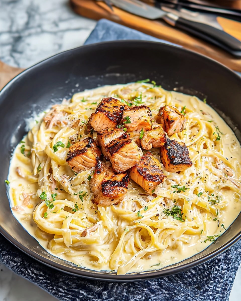 A black bowl holds creamy pasta covered in a white sauce with a smooth texture, spread evenly as the base layer. On top, there are golden-brown grilled salmon cubes with a slightly crispy outside, arranged in a small pile at the center. Small green herb pieces are sprinkled over the pasta and salmon, adding fresh color contrast. The bowl sits on a folded blue cloth over a white marbled surface, with some cooking utensils in the background. Photo taken with an iphone --ar 4:5 --v 7