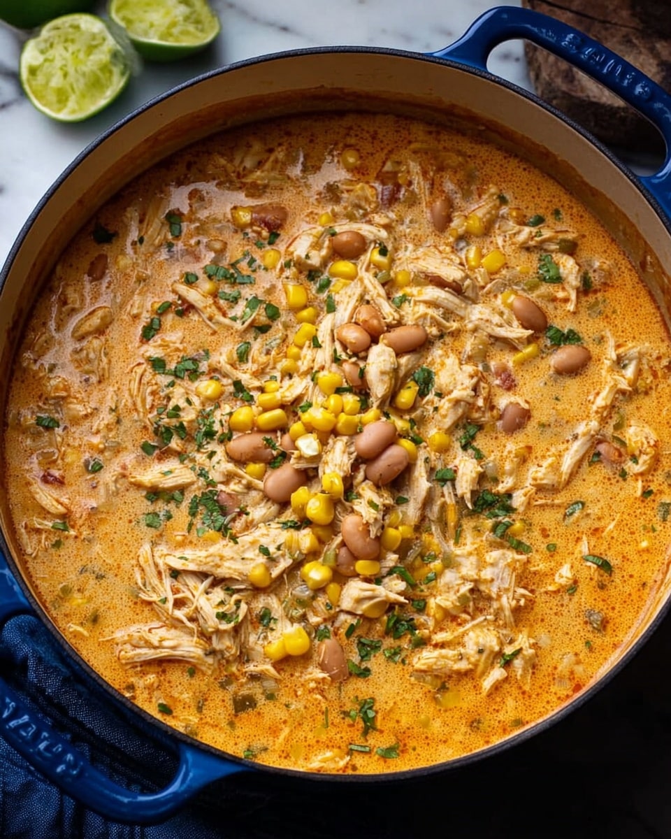 The image shows a large blue cast iron pot filled with a creamy orange soup mixed with shredded chicken, bright yellow corn kernels, and light brown beans scattered throughout. There are small pieces of green herbs sprinkled on top, adding a touch of freshness. The texture looks thick and hearty, with layers of chicken, corn, and beans blending in a creamy broth. The pot sits on a white marbled surface with lime wedges nearby, hinting at a fresh, tangy flavor to come. Photo taken with an iphone --ar 4:5 --v 7