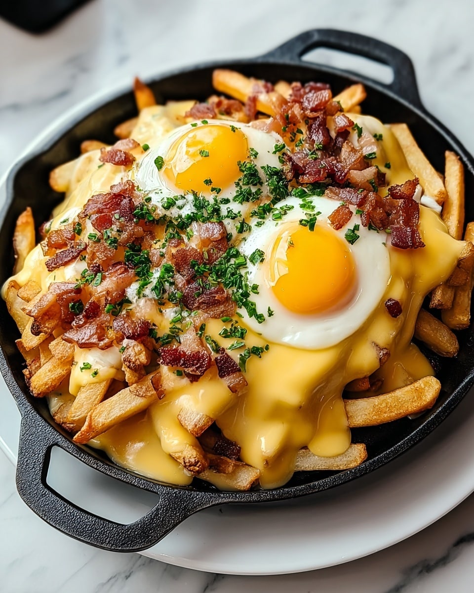 A black skillet sits on a white plate, filled with a thick base layer of golden brown crispy fries. On top of the fries is a generous layer of smooth, melted yellow cheese that drapes over them. Above the cheese, two fried eggs with bright yellow, glossy yolks and soft white edges sit near the center. Scattered over the eggs and cheese are small, crispy pieces of browned bacon. Small bits of chopped green parsley are sprinkled evenly across the dish, adding a fresh touch. The skillet and plate rest on a white marbled surface. Photo taken with an iphone --ar 4:5 --v 7