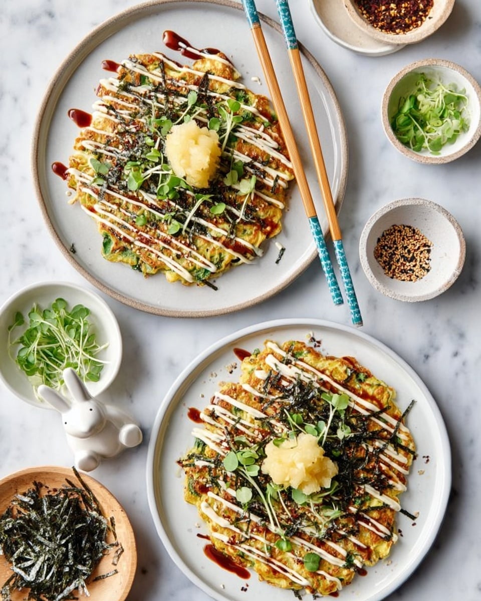 Two okonomiyaki pancakes on round white plates, each pancake showing a golden-brown crisp surface mixed with green bits, topped with thin strips of dark green seaweed, light green chopped scallions, microgreens scattered around, creamy white mayo-like sauce drizzled in diagonal lines, a darker brown sauce drizzled similarly, and a pale yellow mound of pickled ginger placed in the center of each pancake; light wooden chopsticks with blue decorative handles rest on the top plate, while plain wooden chopsticks with a white ceramic bunny holder lie near the bottom plate, all set on a white marbled surface. Several small white bowls with green scallions, pickled ginger, and dark sesame seeds, plus a light wooden bowl with seaweed strips, surround the plates. Photo taken with an iphone --ar 4:5 --v 7
