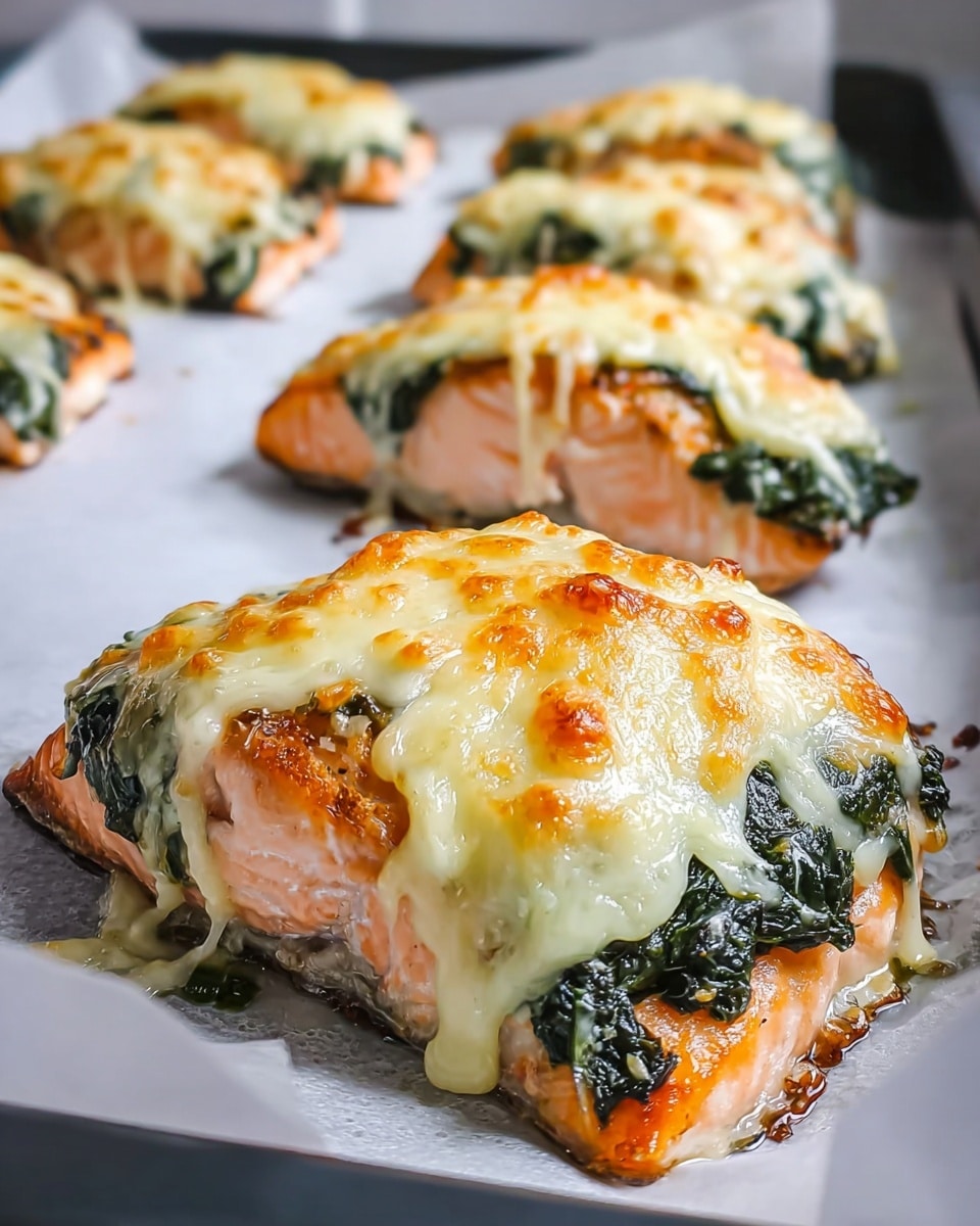 The image shows a close-up of baked salmon fillets arranged on white parchment paper over a baking tray. Each fillet has three visible layers: the bottom layer is the pink-orange salmon with a smooth cooked texture, the middle layer is dark green cooked spinach unevenly spread on top of the salmon, and the top layer is golden brown melted cheese with bubbly and slightly crispy spots, covering the spinach fully and dripping slightly down the sides. The background includes more fillets blurred out, all placed against a white marbled surface. Photo taken with an iphone --ar 4:5 --v 7