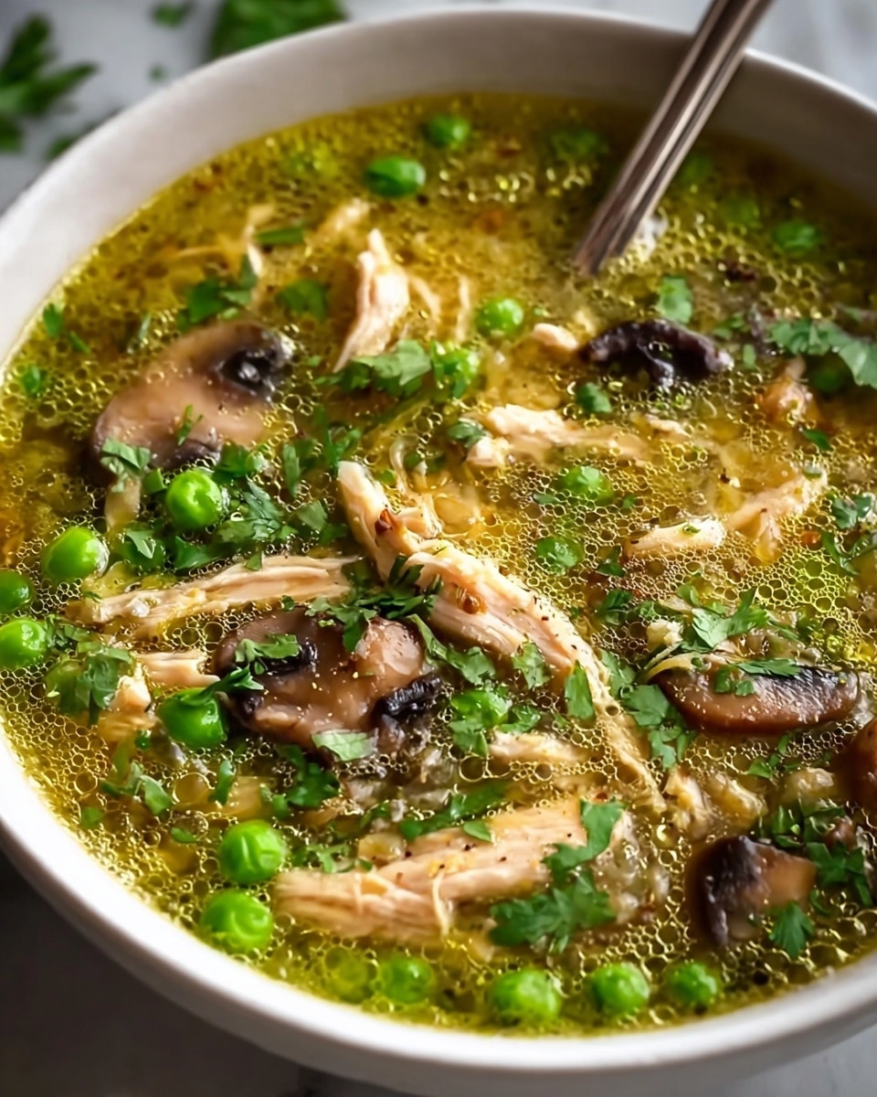 A close-up view of a white bowl filled with a clear, yellow-green soup with small bubbles on the surface, containing visible light brown shredded chicken pieces, whole bright green peas, dark brown sliced mushrooms, and sprinkled fresh green herbs, with a metal spoon resting inside the bowl on the right side, all set on a white marbled texture. photo taken with an iphone --ar 4:5 --v 7