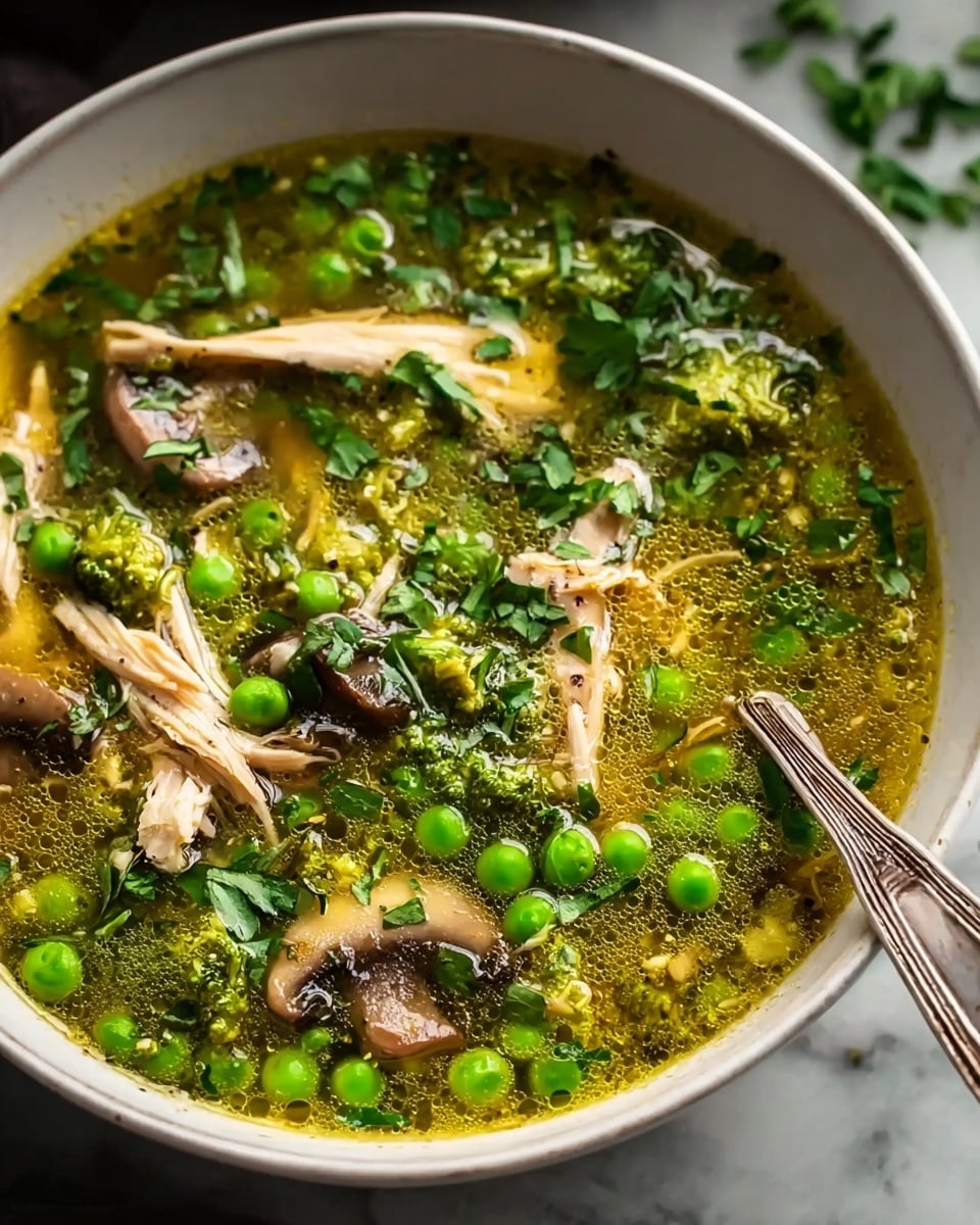 A close-up view of a bowl of clear soup filled with bright green peas, shredded light brown chicken pieces, small green broccoli florets, and thin brown mushroom slices, all floating in a golden yellow broth with a glossy surface. The soup is garnished with chopped fresh green herbs scattered on top. A silver spoon is partially submerged in the soup near the edge of the white bowl, which rests on a white marbled surface. The textures vary from soft shredded chicken to the smooth peas and slightly firm broccoli, giving a fresh and hearty look. Photo taken with an iphone --ar 4:5 --v 7
