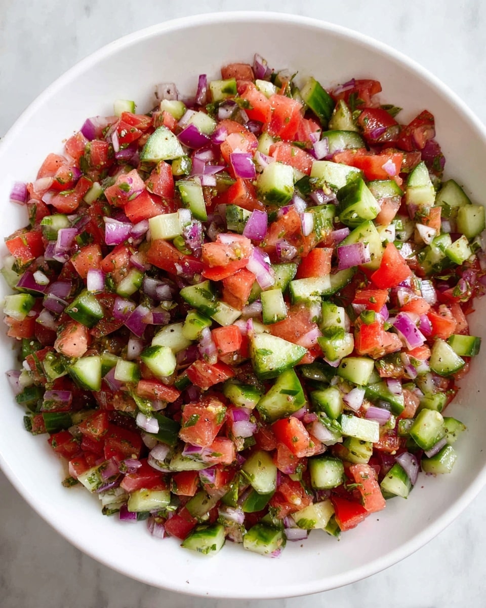 A white bowl filled with a fresh salad made of finely chopped vegetables in many colors. The salad has three main layers: bright red tomato pieces, small green cucumber chunks with patches of darker skin, and bits of purple-red onion scattered evenly throughout. The vegetables have a wet look, likely from a light dressing that adds shine and a few tiny black pepper specks. The salad fills the bowl almost to the top, creating a rough, colorful textured surface. The bowl sits on a white marbled surface. photo taken with an iphone --ar 4:5 --v 7