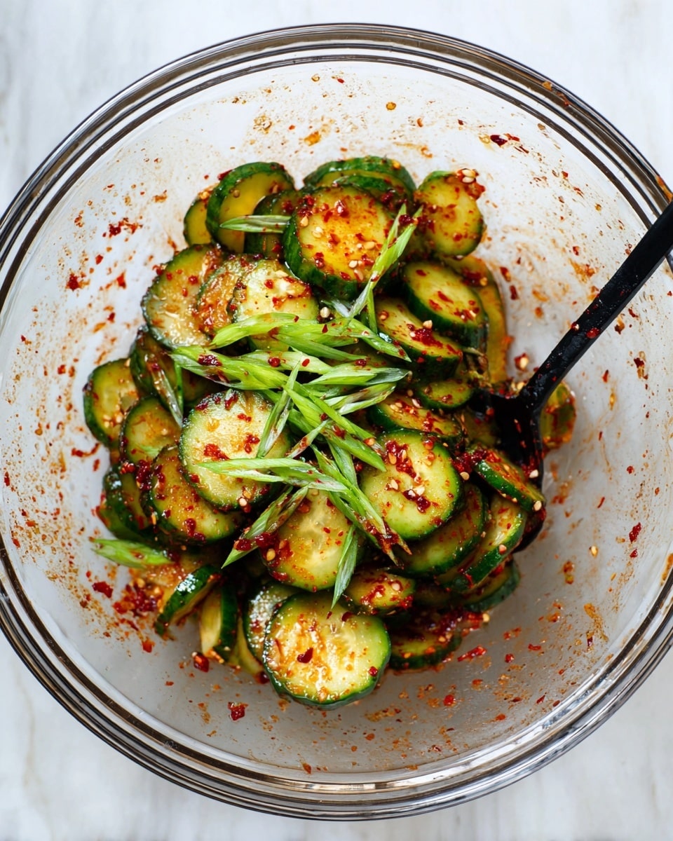 A clear glass bowl holds a spicy cucumber salad with two main layers; the bottom layer has bright green cucumber slices coated in a reddish chili spice mix with visible flakes and seeds, giving a textured look. On top, bright green thinly sliced scallions add freshness and light contrast. Some chili sauce splatters stick to the inside of the bowl, and a black spoon coated with the same chili sauce rests inside the bowl on the right side. The bowl is placed on a white marbled surface. photo taken with an iphone --ar 4:5 --v 7