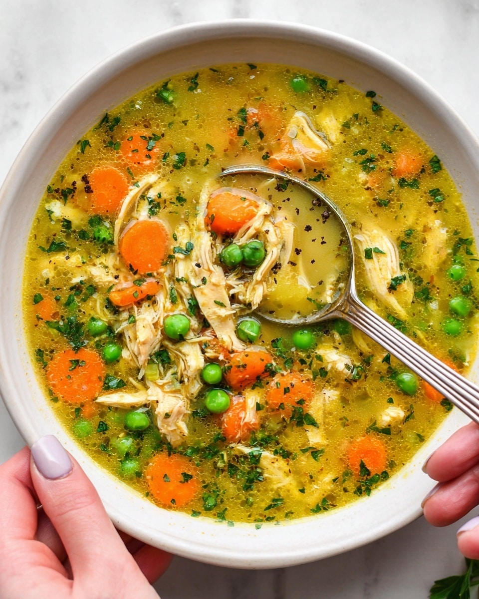 A white bowl sits on a white marbled surface, filled with a colorful chicken soup. The soup has shredded pale yellow chicken pieces, bright orange sliced carrots, and vibrant green peas all mixed in a light yellow broth with specks of chopped green herbs spread throughout. A silver spoon is dipped into the soup, held by a woman's hand with pale skin and neatly manicured nails. The soup looks warm and fresh with tiny bubbles and some black pepper flakes on top. photo taken with an iphone --ar 4:5 --v 7