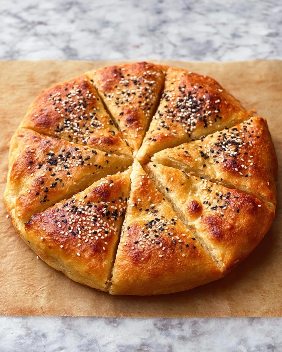 A round bread with a golden brown crust, slightly thick and puffy around the edges, sits on a white marbled textured surface. The top of the bread is sprinkled with white and black sesame seeds evenly spread. The bread is cut into eight triangular slices, each slice showing a soft and slightly shiny surface with a light brown baked color and some small toasted spots. The texture looks fluffy and inviting, with a gentle crust on the outside. photo taken with an iphone --ar 4:5 --v 7