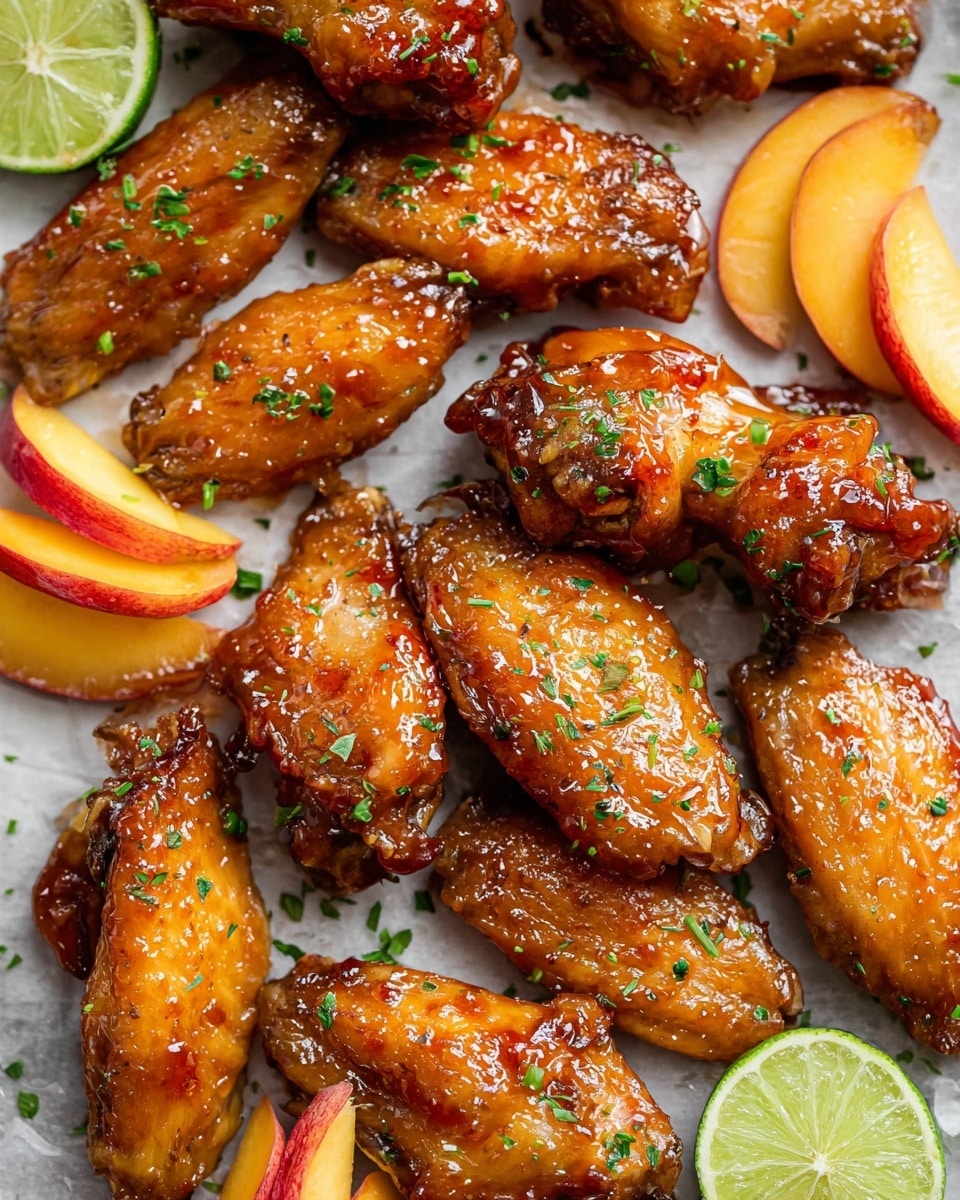 The image shows a close-up of glossy, golden brown chicken wings arranged on a white marbled surface, with a light glaze giving them a shiny texture. Some wings are garnished with finely chopped green herbs scattered on top. Bright peach slices with a yellow-orange color and red edges are placed among the wings, adding contrast. On the side, two lime halves with a fresh green interior sit, providing a pop of citrus color. The wings and fruit are evenly spread with no overlapping, focusing on the juicy and appetizing details. photo taken with an iphone --ar 4:5 --v 7