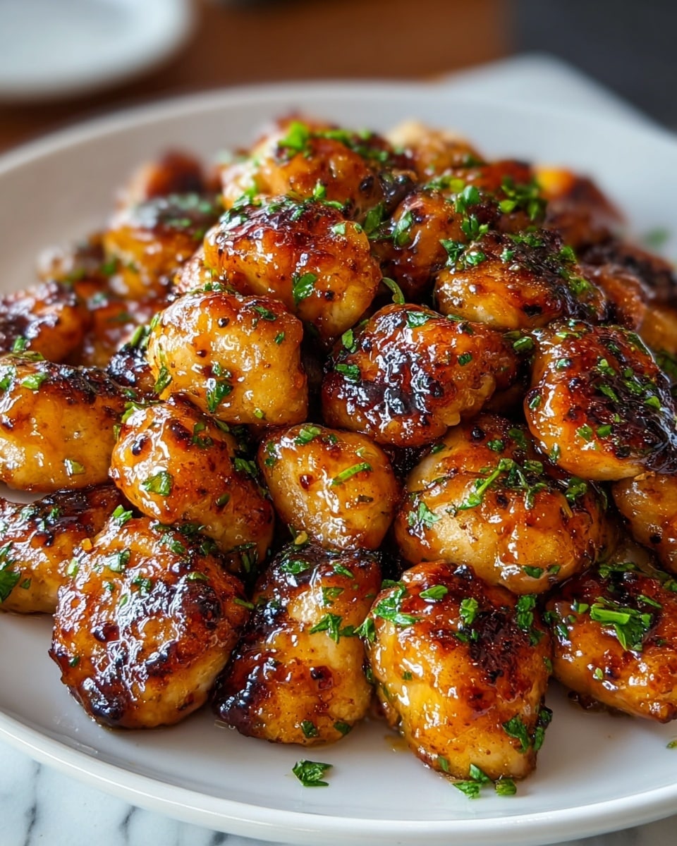 A white plate is heaped with many small, golden brown chicken bites that have a shiny glaze and charred spots, giving them a caramelized look. The chicken pieces have a slightly irregular shape and are sprinkled with chopped green herbs, adding fresh color contrast. The texture of the chicken looks crispy on the outside but juicy inside, with visible seasoning dots. The plate sits on a white marbled surface. photo taken with an iphone --ar 4:5 --v 7