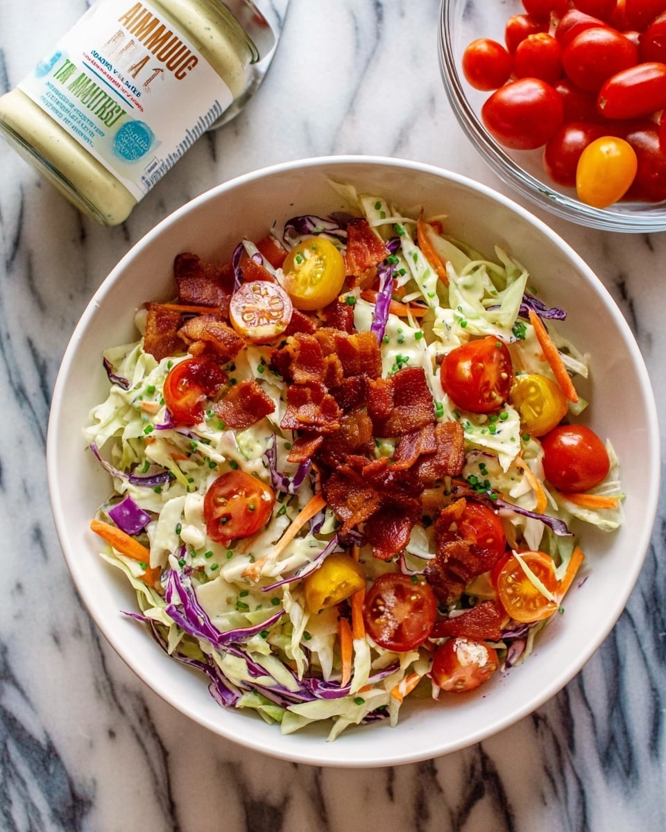 A white bowl filled with a colorful salad showing three main layers: the base layer of shredded pale green and purple cabbage mixed with thin strips of light orange carrot, the middle layer of bright red cherry tomato halves and chunks of crispy golden-brown bacon, and the top layer sprinkled with small green chives. The salad has a fresh, crunchy texture and varied colors from green, white, red, purple, orange, and brown. The bowl sits on a white marbled surface, near a small glass bowl of whole cherry tomatoes and a jar of vegan mayo with avocado oil. Photo taken with an iphone --ar 4:5 --v 7