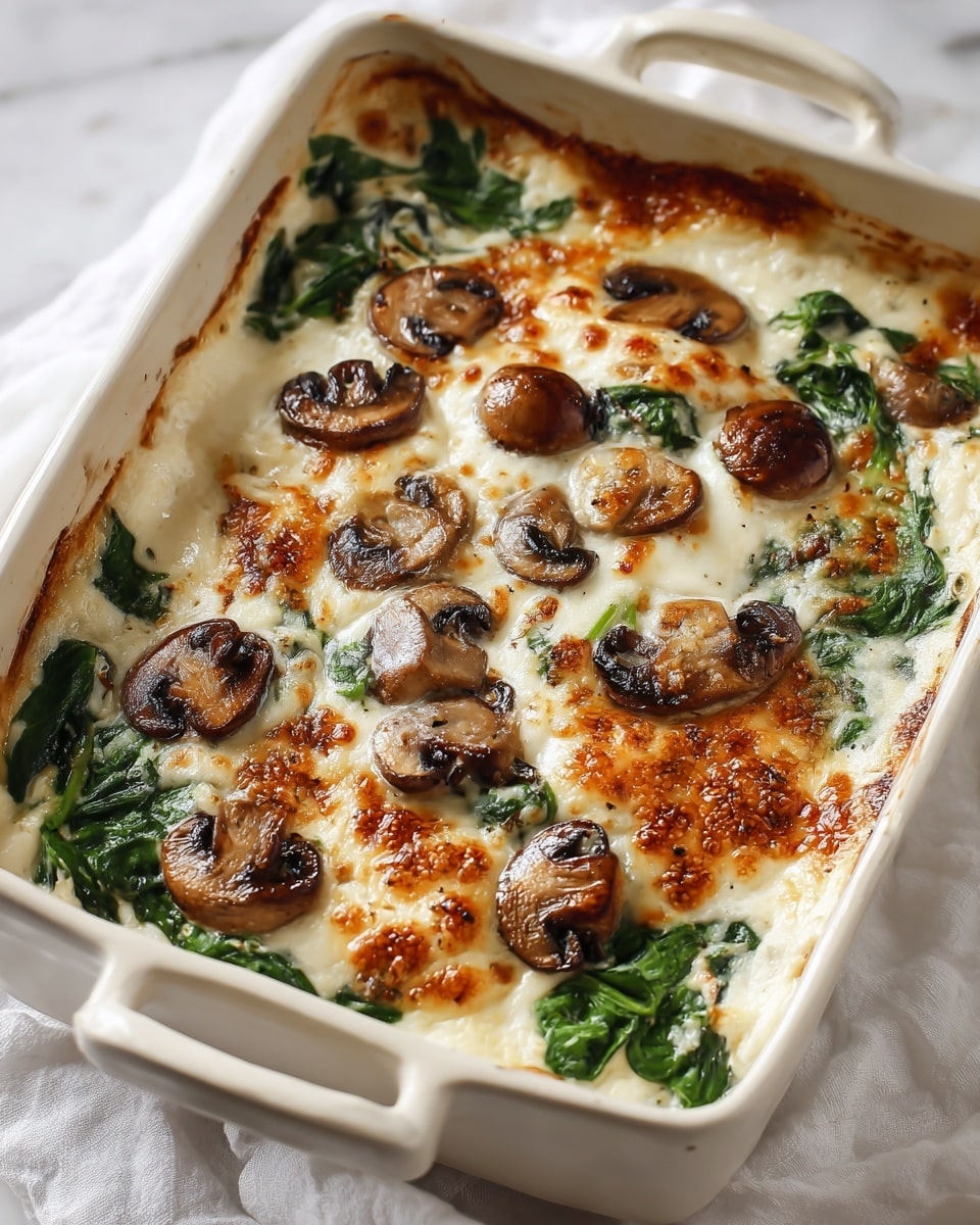 A baked dish in a white rectangular ceramic baking dish with handles, showing two main layers clearly visible from the surface. The bottom layer is creamy, soft, and pale beige with a smooth texture, filled with bright green spinach leaves spread evenly. The top layer has browned, bubbly melted cheese with a golden crust, dotted with tender sautéed brown mushrooms that have a slightly glossy look. The edges of the dish show some darker, caramelized spots where the cheese has browned more. The baking dish is on a soft white cloth over a white marbled texture. photo taken with an iphone --ar 4:5 --v 7