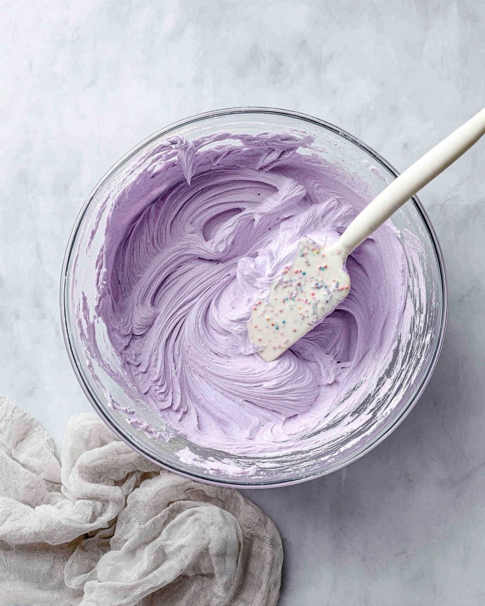 A clear glass mixing bowl filled with light purple whipped cream that looks soft and smooth, with some swirled texture showing where it has been stirred. A white spatula with small colored specks rests inside the bowl, coated with the same purple cream. The bowl sits on a white marbled surface, and a wrinkled light gray cloth is placed near the bottom left of the bowl. photo taken with an iphone --ar 4:5 --v 7