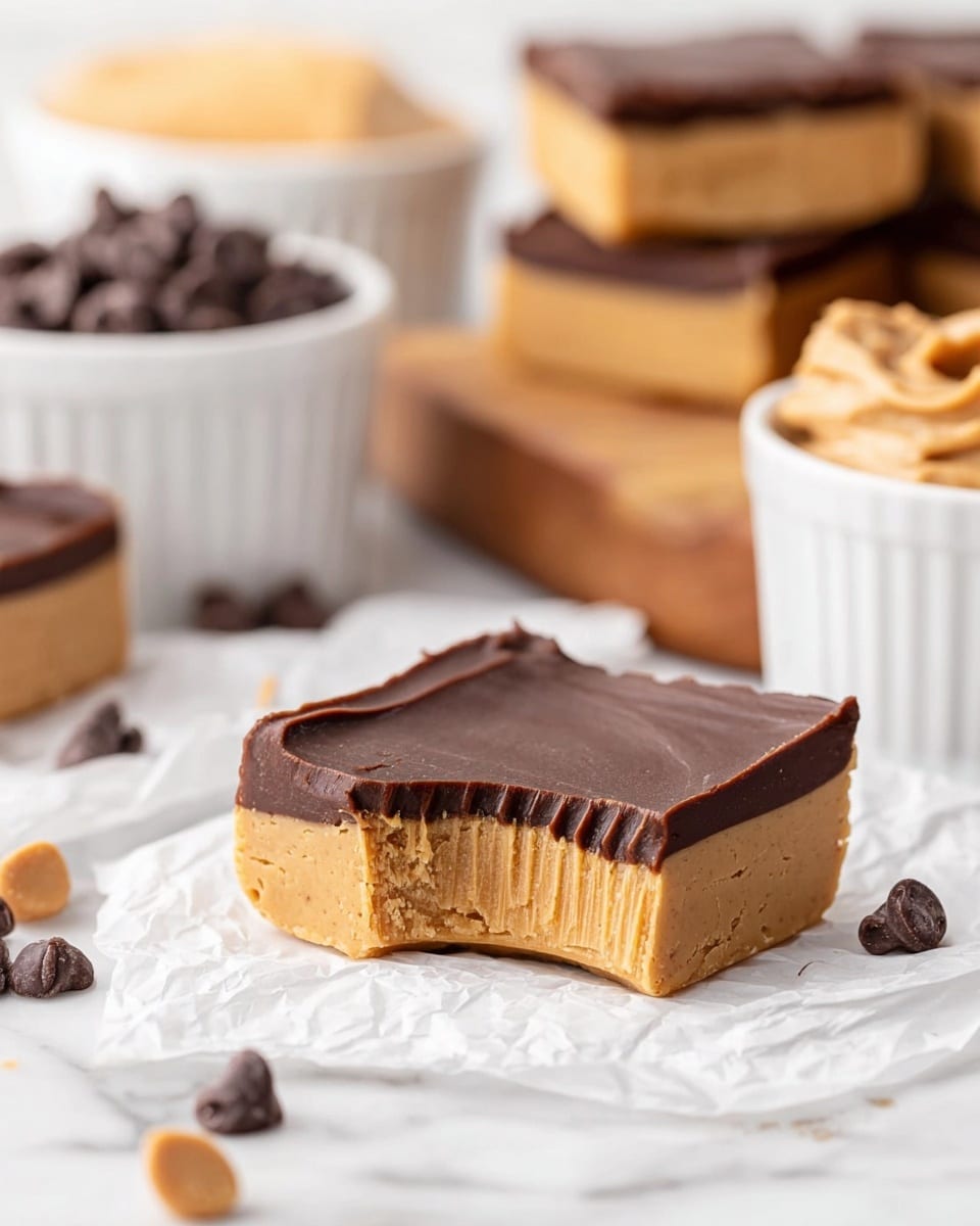 A close-up of a square peanut butter fudge piece with two layers: a thick bottom layer of light tan, creamy peanut butter fudge showing smooth and dense texture, and a thinner, glossy dark brown chocolate layer on top with a bite taken out on the right side. The fudge piece sits on a crumpled white paper on a white marbled surface. In the background, there is a white bowl filled with chocolate chips, another white bowl with creamy peanut butter, and more fudge squares stacked on a wooden board. Some loose chocolate chips are scattered around the fudge. photo taken with an iphone --ar 4:5 --v 7