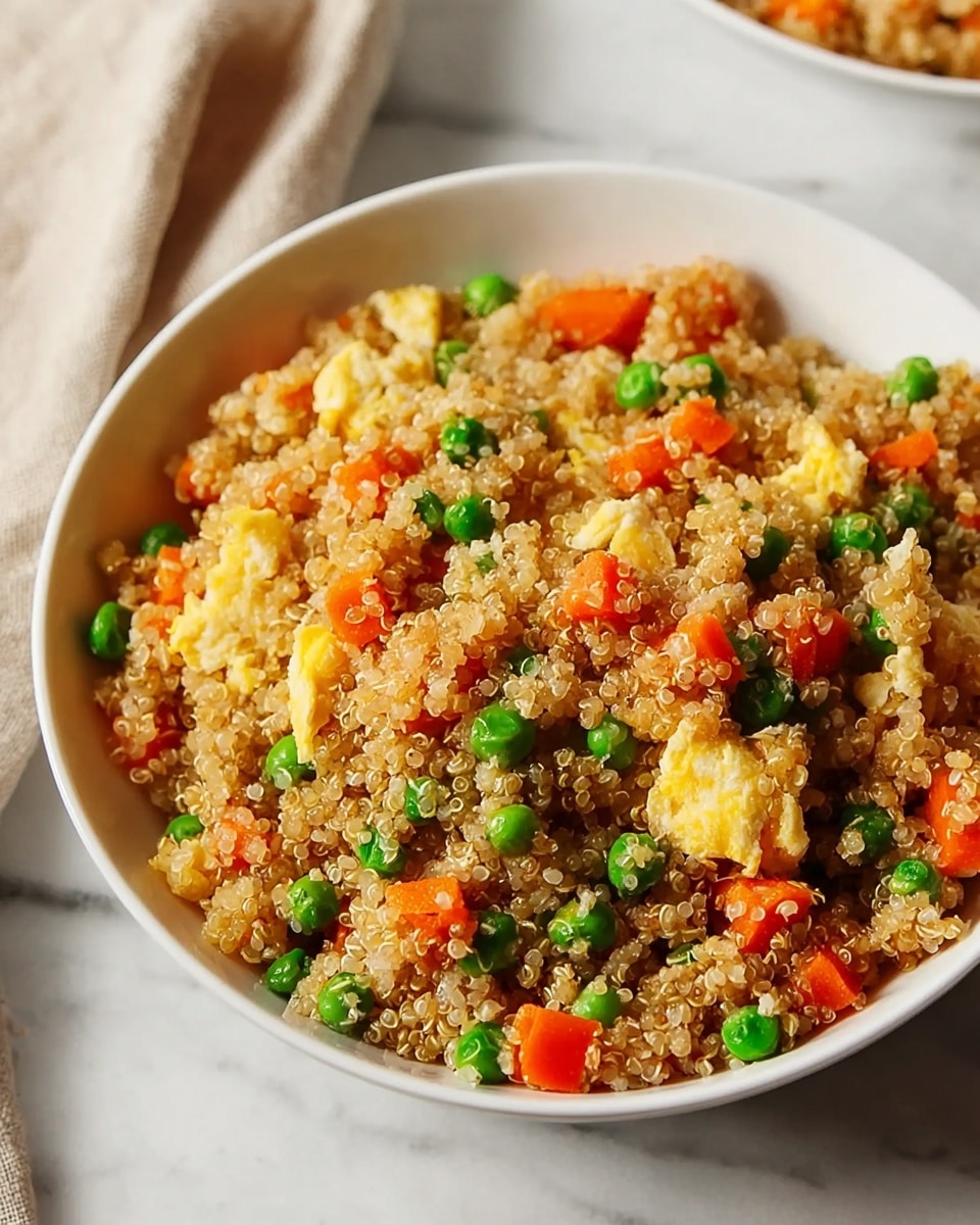 A close-up view of a white bowl filled with cooked quinoa mixed with small green peas, bright orange carrot cubes, and fluffy scrambled egg pieces. The quinoa grains are light brown and slightly translucent, creating a textured base that fills the bowl. The green peas and orange carrots are scattered evenly, adding color contrast throughout. The yellow scrambled eggs are in small, soft chunks resting lightly on top of the quinoa. The bowl sits on a white marbled surface with a beige cloth napkin partially visible to the side. Photo taken with an iphone --ar 4:5 --v 7