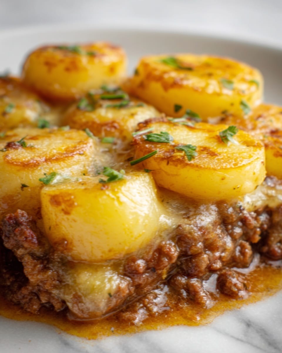 This image shows a close-up of a dish with several layers. At the bottom, there is a thick layer of cooked ground beef in a rich brown sauce with some visible spices. On top of the beef, there are sliced yellow potatoes, soft and slightly shiny from cooking. Over the potatoes, melted cheese covers parts of the dish, browned in some spots with a gooey texture. Small pieces of green herbs are sprinkled on the top, adding a fresh touch of color. The dish is served directly on a white marbled surface. Photo taken with an iphone --ar 4:5 --v 7