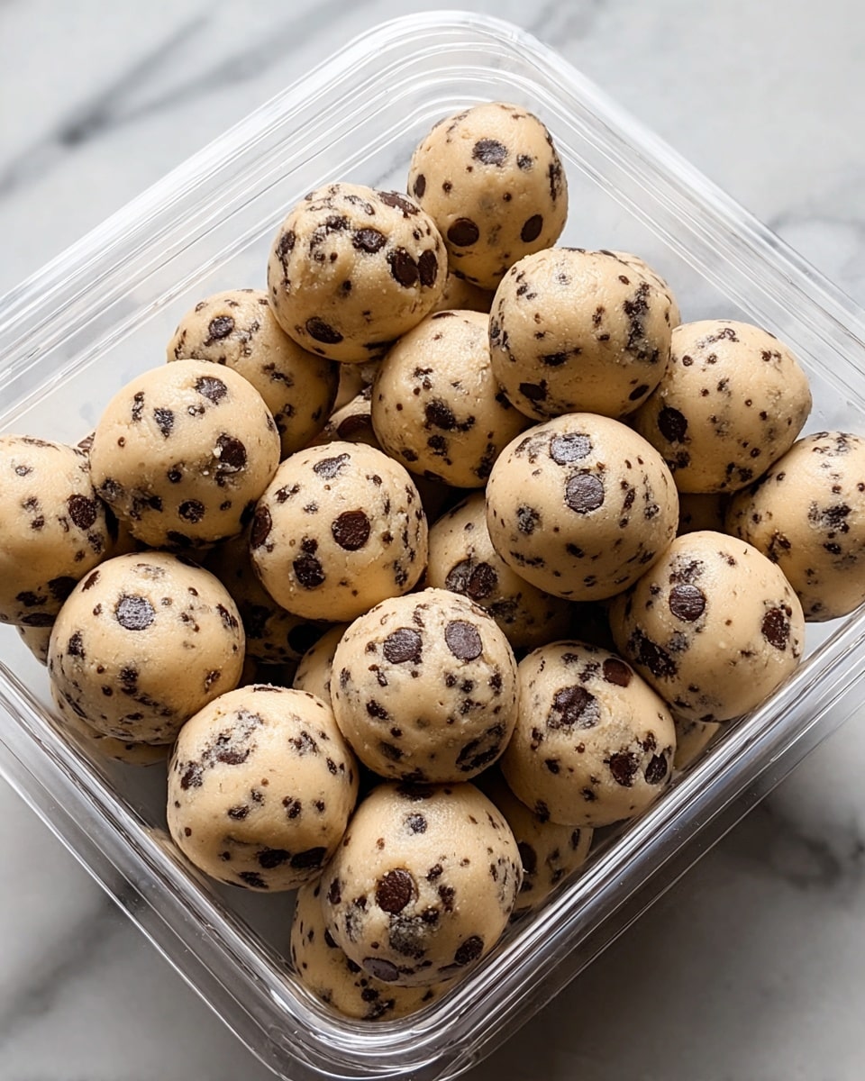 A clear plastic container filled with many small, round cookie dough balls that have a beige base color with dark chocolate chips and tiny dark specks evenly spread throughout. The dough balls are packed closely, showing a smooth and slightly rough texture with visible chocolate chips embedded on the surface. The container is set on a surface of white marble texture. photo taken with an iphone --ar 4:5 --v 7