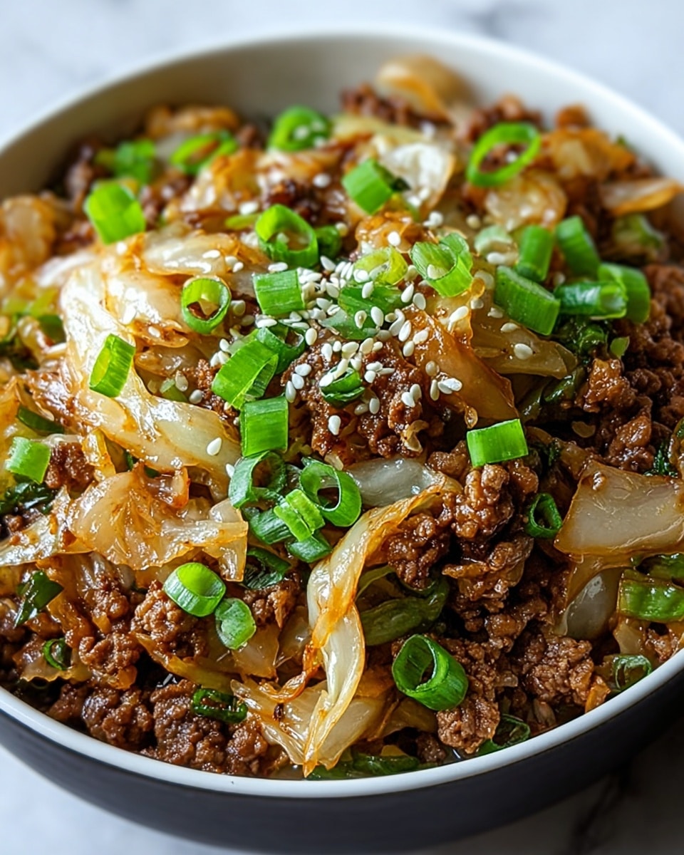A close-up of a dish in a white bowl filled with cooked minced meat mixed with translucent, soft cabbage pieces that have a light brown glaze. On top, bright green chopped scallions and small white sesame seeds are scattered evenly across the surface, adding freshness and texture. The colors range from the dark brown meat to the pale cabbage and vivid green garnishes, creating a rich and hearty appearance. The white bowl sits on a white marbled surface. photo taken with an iphone --ar 4:5 --v 7