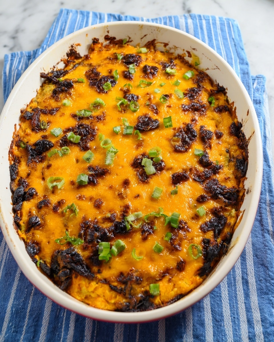 The image shows a baked dish in a white baking pan with one thick layer, topped with melted bright orange cheese that covers the surface unevenly. There are dark brown to almost black charred spots scattered throughout the cheese layer, adding texture and contrast. Small green pieces of chopped green onion are sprinkled evenly on top, providing a fresh garnish. The pan sits on a blue and white striped cloth over a white marbled surface. Photo taken with an iphone --ar 4:5 --v 7