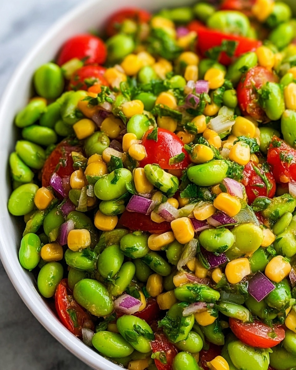 The image shows a close-up of a colorful salad made mainly of bright green edamame beans, yellow corn kernels, small red tomato pieces, and chopped purple onions, all mixed with green herbs scattered throughout. The textures look fresh and slightly glossy, highlighting the juicy and crisp nature of the vegetables. The salad is presented in a white bowl, set against a white marbled surface in the background. photo taken with an iphone --ar 4:5 --v 7