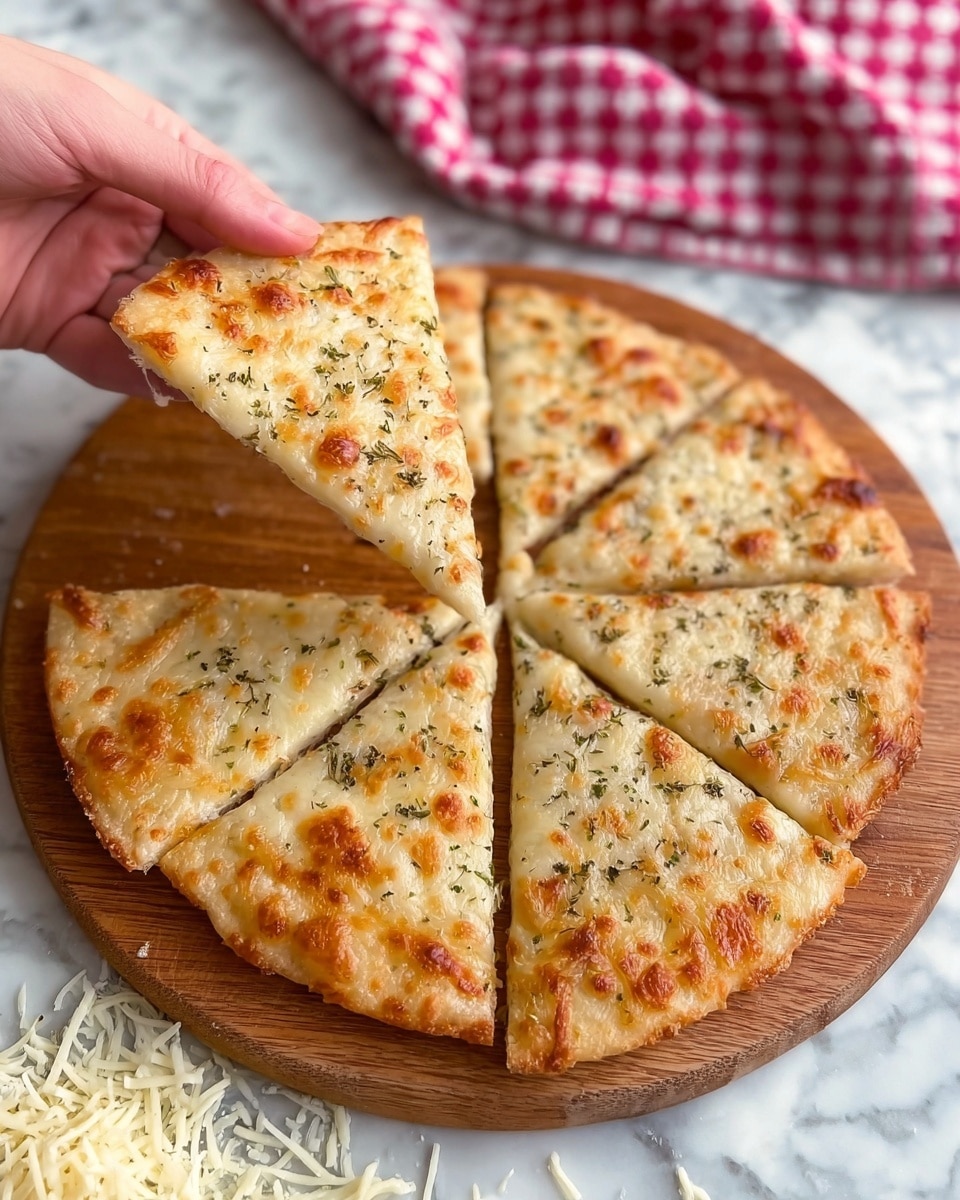 A round flatbread is cut into six triangular slices, each slice topped with a golden, melted cheese layer with small browned spots and sprinkled with dried herbs. The crust is light beige with a slightly puffy edge. One slice is being lifted by a woman's hand from the wooden board beneath. In the background, there is a white marbled surface with some shredded cheese scattered and a red and white checkered cloth softly folded. Photo taken with an iphone --ar 4:5 --v 7