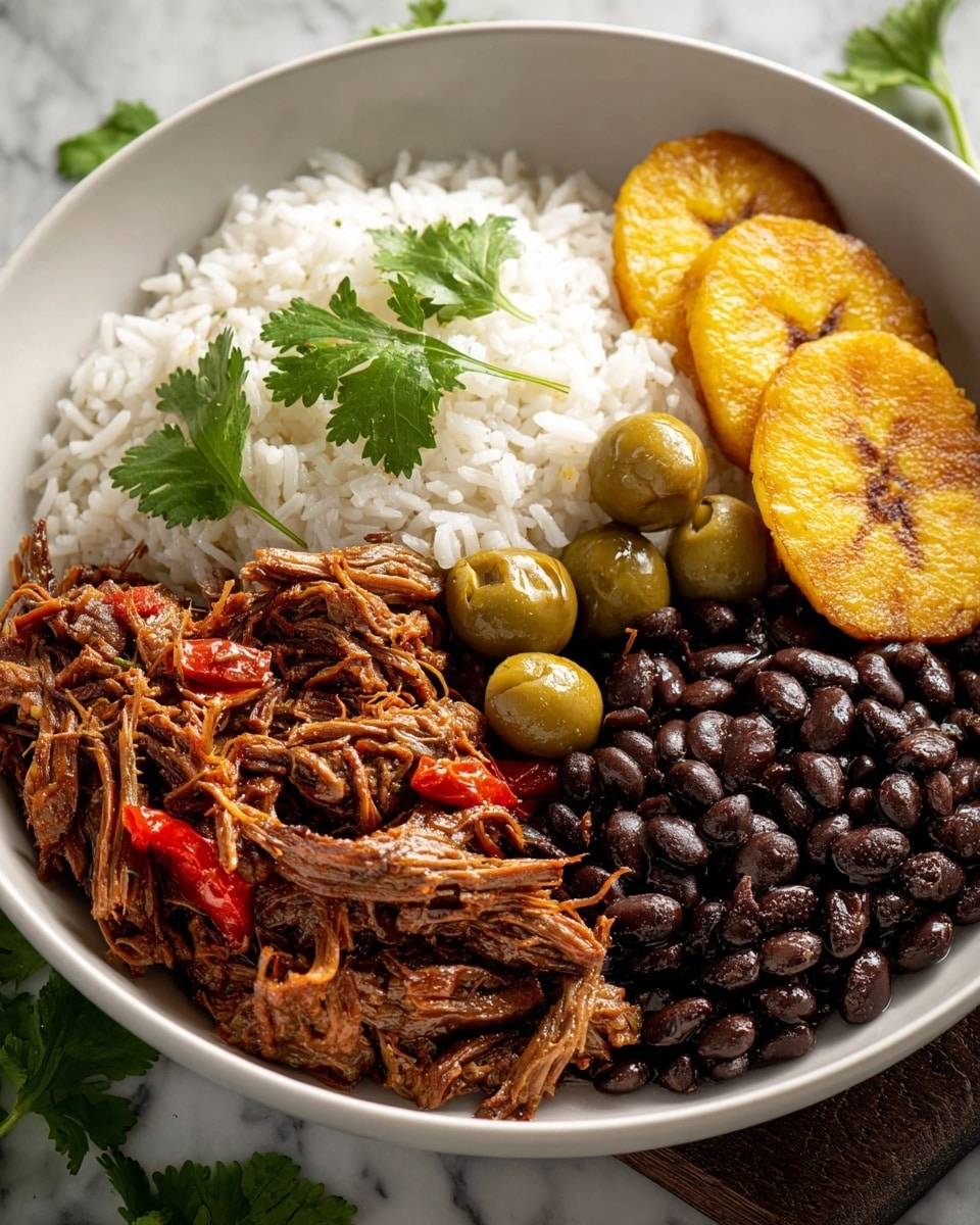 A white bowl holds a meal divided into four sections: the first section has white rice topped with bright green cilantro leaves, the second section contains black beans with a shiny, smooth texture, the third section offers two golden-brown fried plantain slices with a slightly crispy outside, and the fourth section features shredded brown beef mixed with whole green olives and small pieces of red pepper, with a moist and tender look. The bowl sits on a white marbled textured surface, with a silver fork and a beige cloth visible in the background. Photo taken with an iphone --ar 4:5 --v 7
