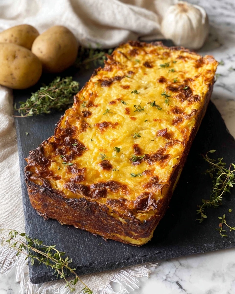 A golden-brown baked dish shaped like a loaf, with a textured, slightly crispy top layer that is uneven and spotted with darker brown patches, showing hints of melted cheese and baked potatoes inside. The sides are thick and browned with a rough crust. It sits on a dark grey slate cutting board with scattered green sprigs of thyme around its base. In the background on a white marbled surface, two whole potatoes and white cloths are softly folded. photo taken with an iphone --ar 4:5 --v 7