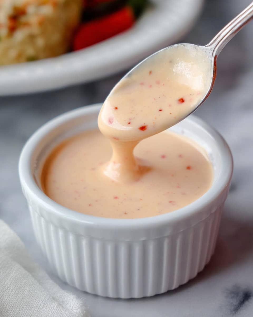 A close-up image showing a white ceramic ramekin filled with a creamy, smooth sauce that is light orange with tiny red specks. A silver spoon is held above the ramekin, scooping some sauce which drips slowly back into the ramekin. In the blurred background, there is a white plate with a mixed dish, sitting on a white marbled surface, and a red cloth with white stitching is partially visible on the left side. Photo taken with an iphone --ar 4:5 --v 7