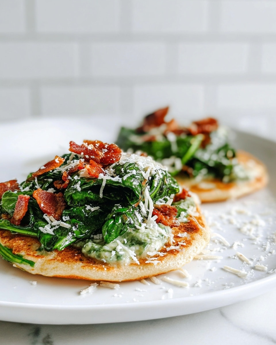 The image shows two small flatbreads on a white plate with a white marbled texture under it. Each flatbread has a golden-brown base with a slightly crispy texture. On top of each flatbread is a pile of fresh green leafy salad coated in a creamy dressing. The salad is sprinkled with small crispy brown bacon pieces and finely shredded white cheese, adding texture and color contrast. The background is made of soft white tiles, giving a clean and simple look. photo taken with an iphone --ar 4:5 --v 7