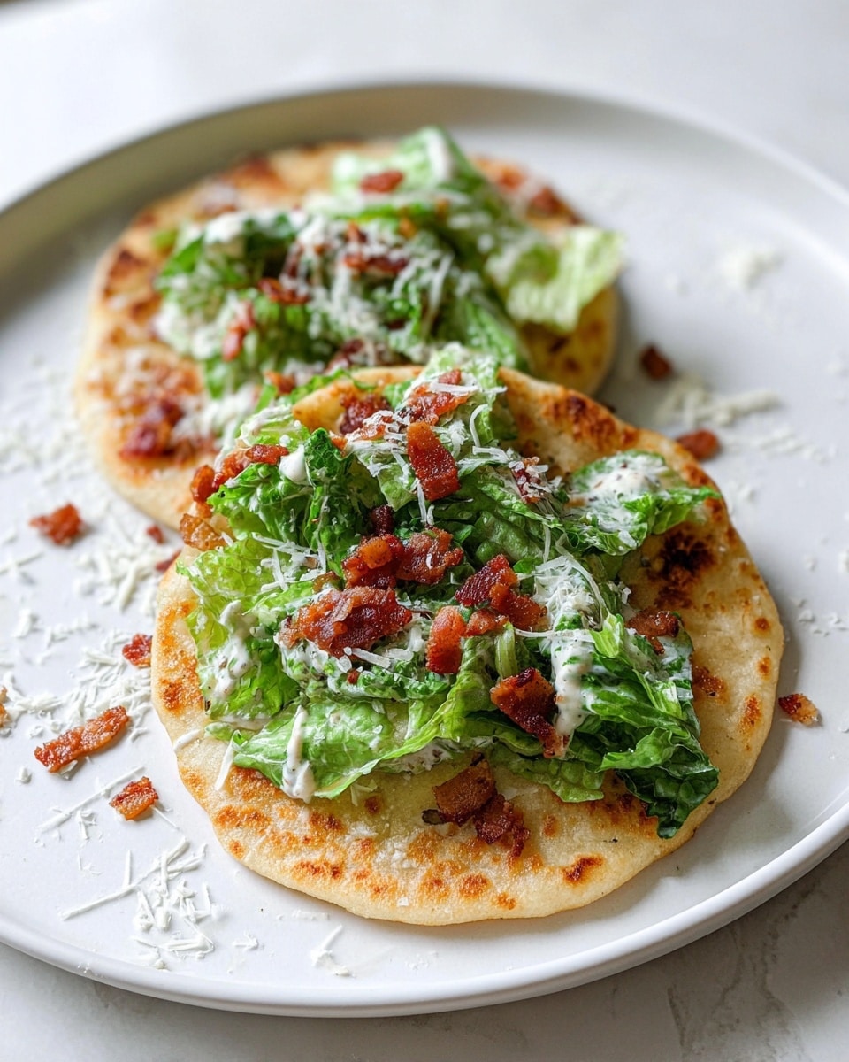 Two round tortillas with a golden-brown crispy fried layer sit stacked on a white plate on a white marbled surface. On top of the tortillas, there is a fresh layer of chopped dark green leafy lettuce mixed with creamy white dressing. This is sprinkled with small pieces of reddish-brown crispy bacon and grated white cheese. Small bits of bacon and cheese are scattered lightly around the plate. Photo taken with an iphone --ar 4:5 --v 7