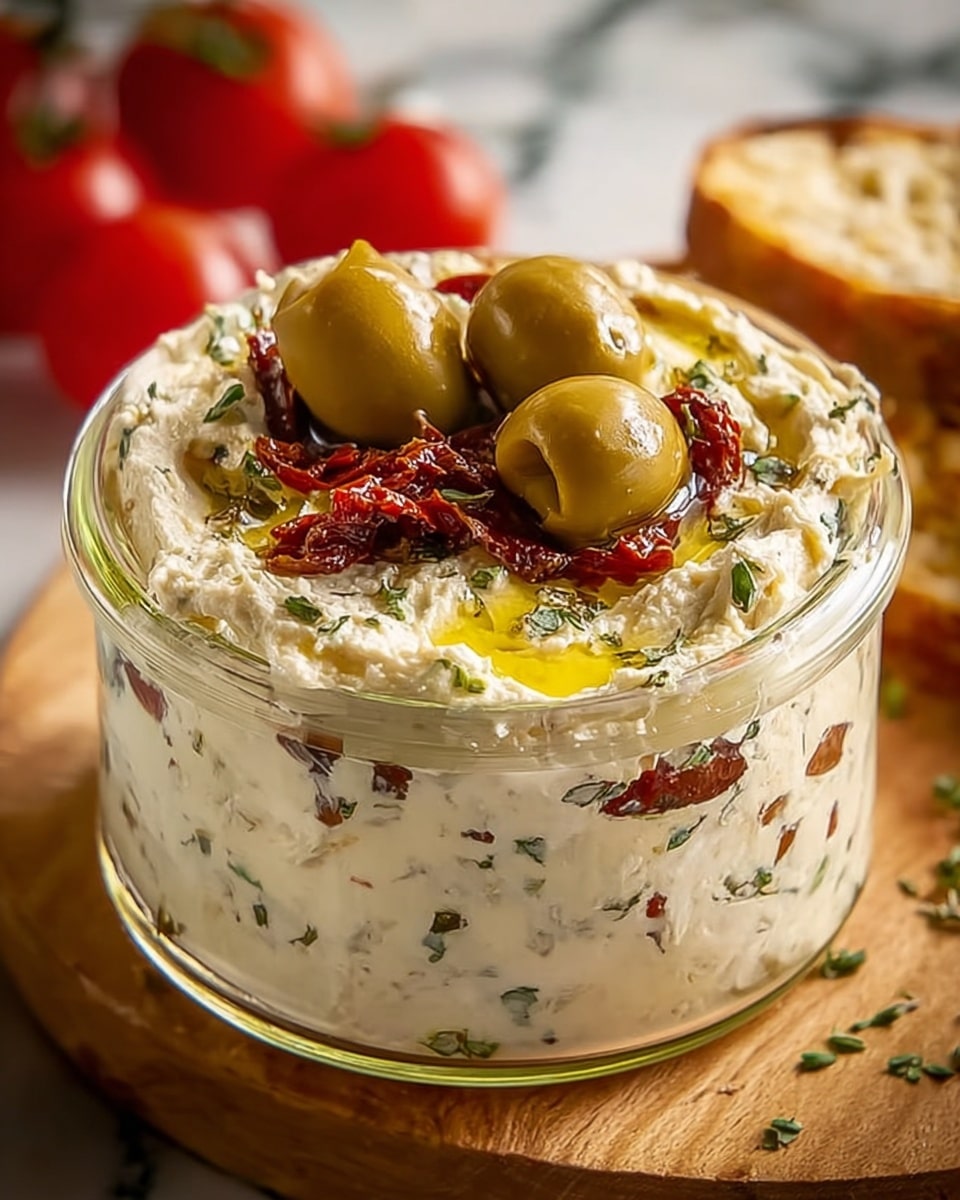 The image shows a clear glass jar filled with a creamy, white cheese spread mixed with small bits of green herbs and dark red sun-dried tomato pieces. The top layer of the spread is garnished with three whole green olives and drizzled with golden olive oil, giving it a shiny, fresh look. The jar sits on a wooden board with blurred red tomatoes and a white marbled surface in the background. photo taken with an iphone --ar 4:5 --v 7