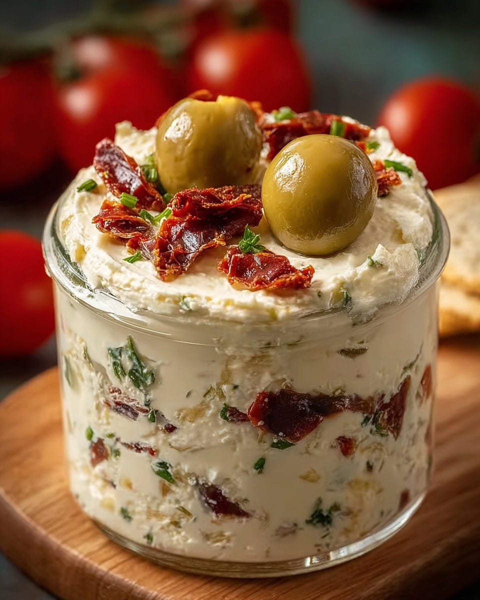 A clear glass jar filled with creamy white cheese mixed with small bits of dark red sun-dried tomatoes and green herbs, spread evenly throughout in layers; the top layer is thick and fluffy with a smooth texture, decorated with three large green olives and scattered pieces of sun-dried tomatoes, all resting on a wooden board with a blurred background showing red tomatoes; photo taken with an iphone --ar 4:5 --v 7