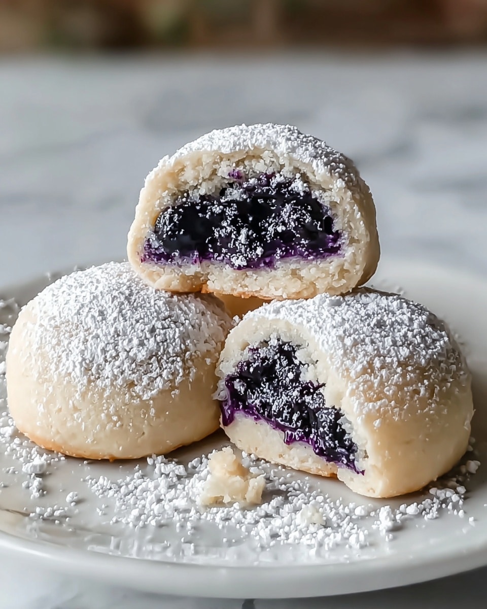 The image shows three small round cakes on a white plate with a white marbled texture background. Each cake has two layers: the outer layer is pale beige and crumbly with a dusting of white powdered sugar on top, and the inner layer is filled with a dark purple blueberry mixture with a slightly glossy texture. The cakes are cut in half, arranged with one resting on top of two others, clearly showing the thick blueberry filling inside. Small bits of powdered sugar are scattered on the plate around the cakes. photo taken with an iphone --ar 4:5 --v 7