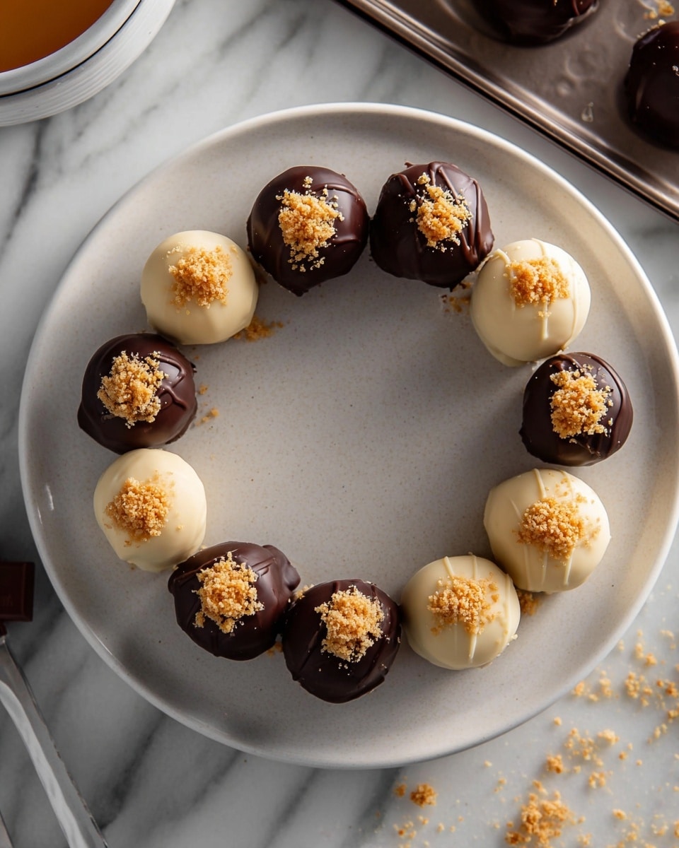 A circular arrangement of 12 round truffles sits on a white plate with a subtle marbled pattern. The truffles alternate between dark chocolate and white chocolate coatings. Each truffle is topped with small golden crumb pieces that add texture and contrast to their smooth surfaces. The truffles have a glossy finish and rest directly on the plate in a neat, evenly spaced ring. The background shows a blurred glimpse of a chocolate tray and some kitchen tools, all placed on a white marbled surface. photo taken with an iphone --ar 4:5 --v 7
