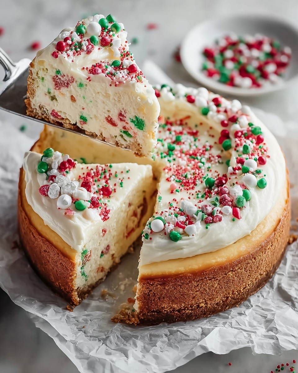 The image shows a round cheesecake with a thick, golden-brown crust and a creamy white filling that has colorful red and green sprinkles mixed inside. The top layer is a thick, smooth white cream frosting decorated with various red, white, and green sprinkles of different sizes and shapes, including small round and star-like pieces. A slice is being lifted from the cheesecake on a silver spatula, revealing the creamy filling with the sprinkles inside and the textured crust below. The cheesecake is placed on white parchment paper, all set on a white marbled surface. Photo taken with an iphone --ar 4:5 --v 7