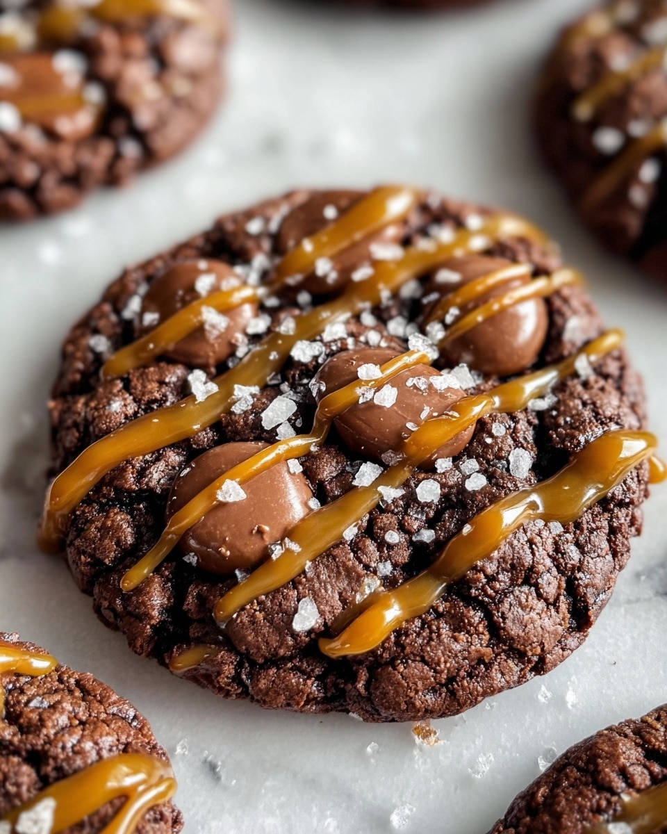 A close-up of a single dark chocolate cookie with a rough, cracked texture as the base layer. On top, there are several smooth, milk chocolate chunks clustered near the center. Thin, shiny caramel drizzles cross the cookie in horizontal bands, adding a glossy amber contrast. Scattered unevenly on the cookie's top are small, white flakes of sea salt, adding texture and brightness. The cookie rests on a white marbled surface, with parts of similar cookies visible around the edges. photo taken with an iphone --ar 4:5 --v 7