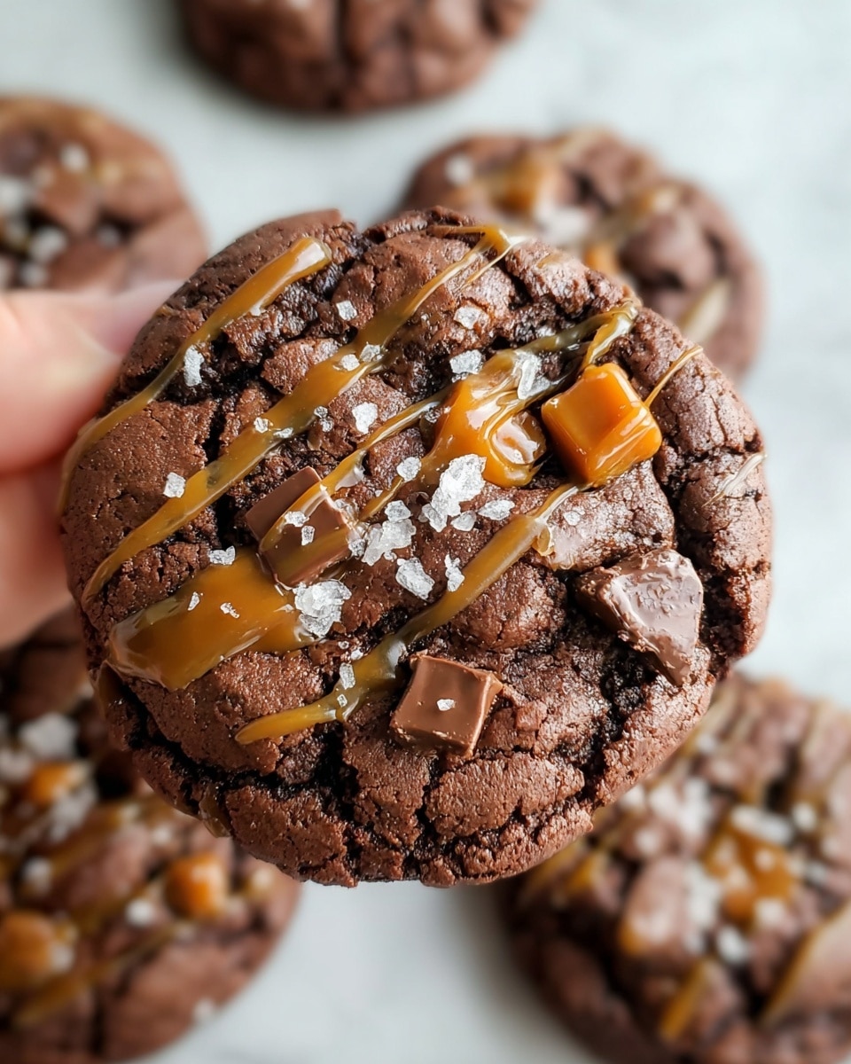A close-up view of a single thick, round chocolate cookie with a cracked textured surface, showing rich dark brown color. On top are melted chocolate chunks embedded in the cookie, shiny caramel drizzles in thin lines crossing the cookie, and large flakes of coarse salt scattered unevenly. Pieces of caramel candy add a glossy light brown color contrasting with the dark cookie. The cookie is held by a woman's hand, with other similar cookies blurred softly in the white marbled background. photo taken with an iphone --ar 4:5 --v 7