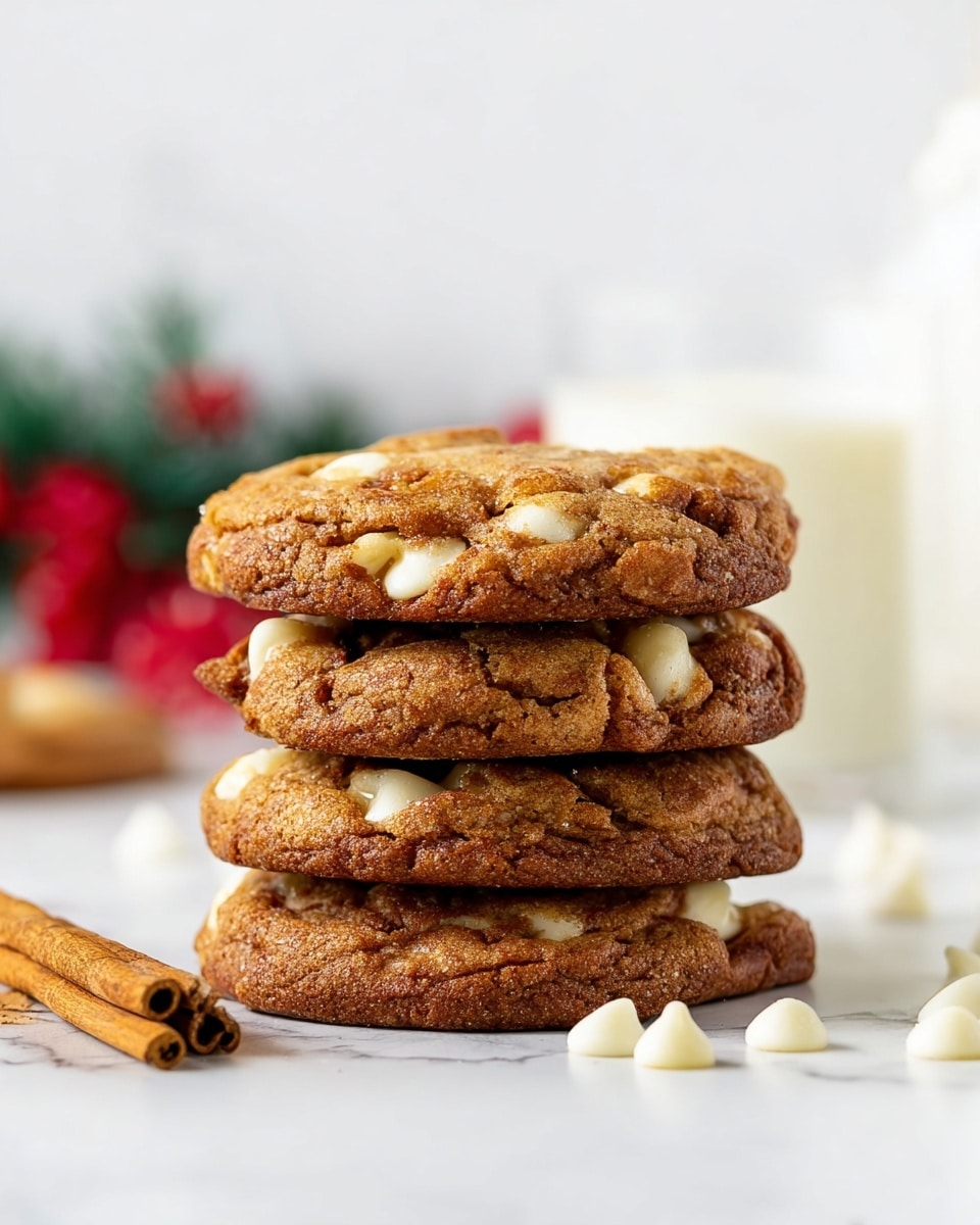 A stack of four thick, round cookies sits on a white marbled surface, each cookie golden brown with visible soft cracks and embedded white chocolate chips that add texture and light spots. The cookies have a slightly rough surface with a soft and chunky look. Two cinnamon sticks lie beside the stack on the lower left, with a few white chocolate chips scattered around. In the blurry background, there is a glass of milk and a hint of red and green decoration. photo taken with an iphone --ar 4:5 --v 7