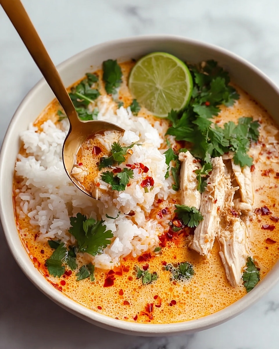 A white bowl contains a creamy orange soup base with splashes of red chili oil, topped with a mound of white rice on one side. Sliced cooked chicken breast with a light beige color rests partially in the soup, garnished with fresh green cilantro leaves scattered over the dish. A bronze spoon lifts a scoop of rice mixed lightly with the soup, showing texture and some chili flakes. Next to the bowl, half a lime adds a fresh accent on the white marbled surface. Photo taken with an iphone --ar 4:5 --v 7