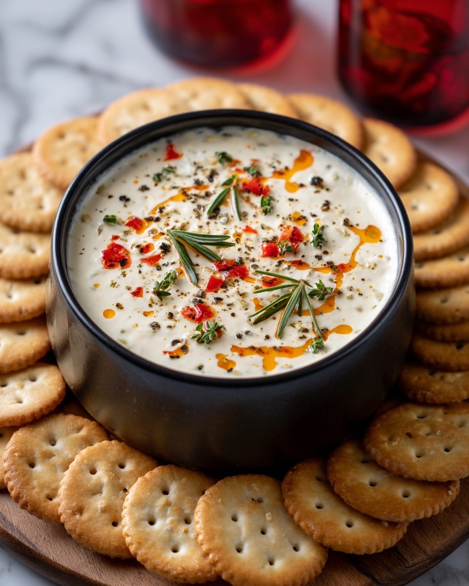 A close-up view of a creamy white cheese dip in a small black bowl, topped with small red pepper pieces, green herb sprigs, and a light drizzle of orange oil, with a sprinkle of black pepper and spices on the surface. The bowl is placed on a round wooden board surrounded by golden-brown round crackers with small holes in the center. The background shows a white marbled texture with two blurred red glasses in the distance. photo taken with an iphone --ar 4:5 --v 7