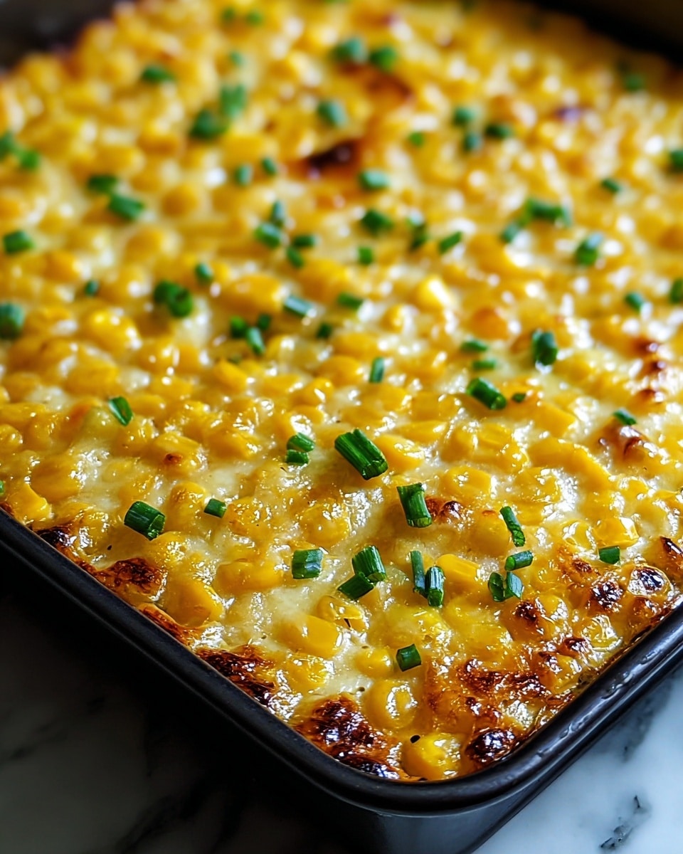 A close-up image shows a single-layer baked corn dish in a black rectangular baking tray. The top layer is golden-yellow corn kernels mixed evenly with melted, slightly browned cheese that has a bubbly texture and small browned spots. Scattered fresh green chopped chives are sprinkled on top, adding a pop of color. The edges of the tray hold the smooth, melted cheese and juicy corn, giving a glossy, rich look. The surface beneath the tray has a white marbled texture. Photo taken with an iphone --ar 4:5 --v 7