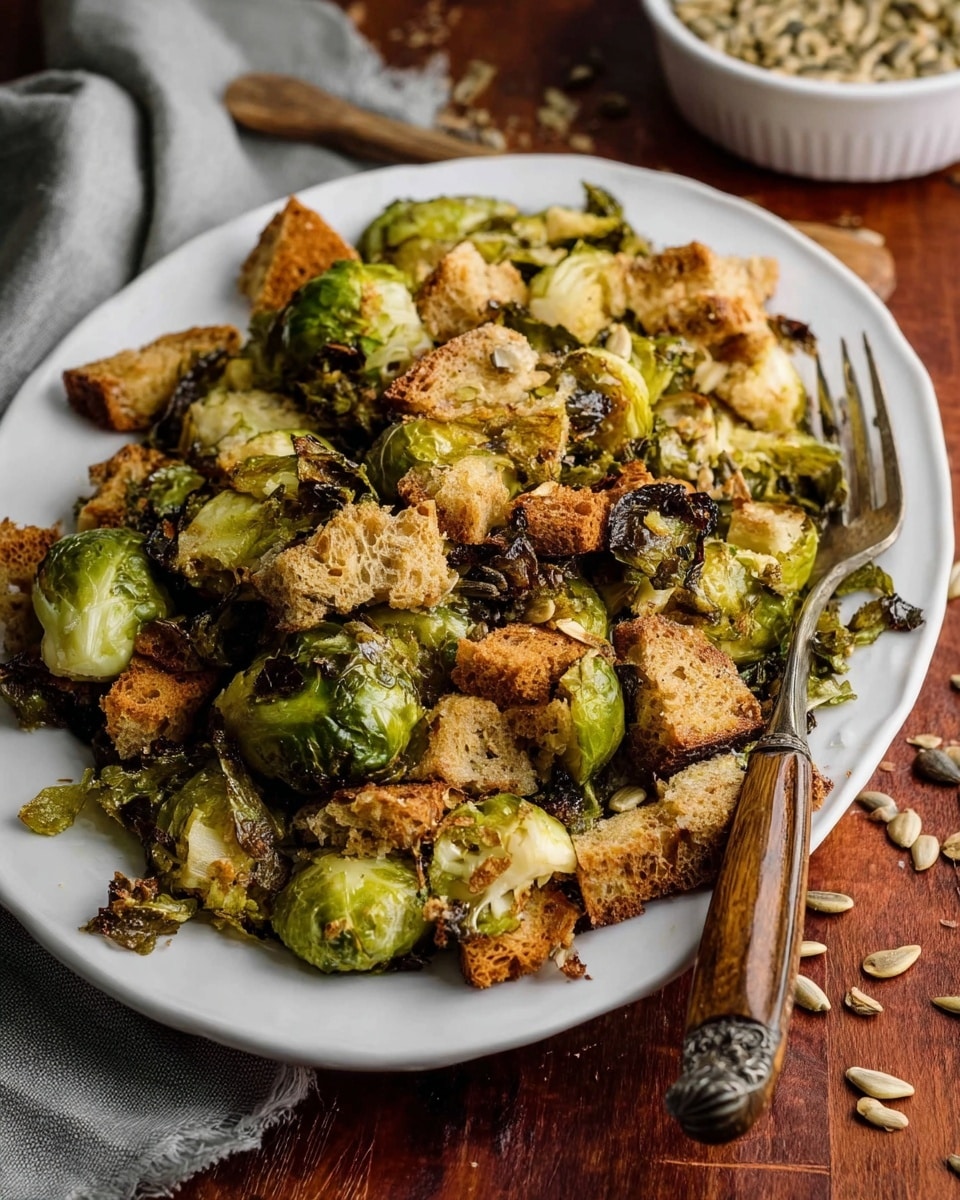 A white plate filled with roasted Brussels sprouts that have a light green and slightly browned color, topped with crispy toasted bread chunks in golden brown and darker tones, scattered with small beige sunflower seeds for texture. The plate sits on a wooden table, and a vintage fork with a wooden handle is placed on the right side of the plate. In the background, a white bowl filled with sunflower seeds is partially visible along with a gray cloth. The overall look is warm and rustic with a focus on the crispy and roasted textures photo taken with an iphone --ar 4:5 --v 7