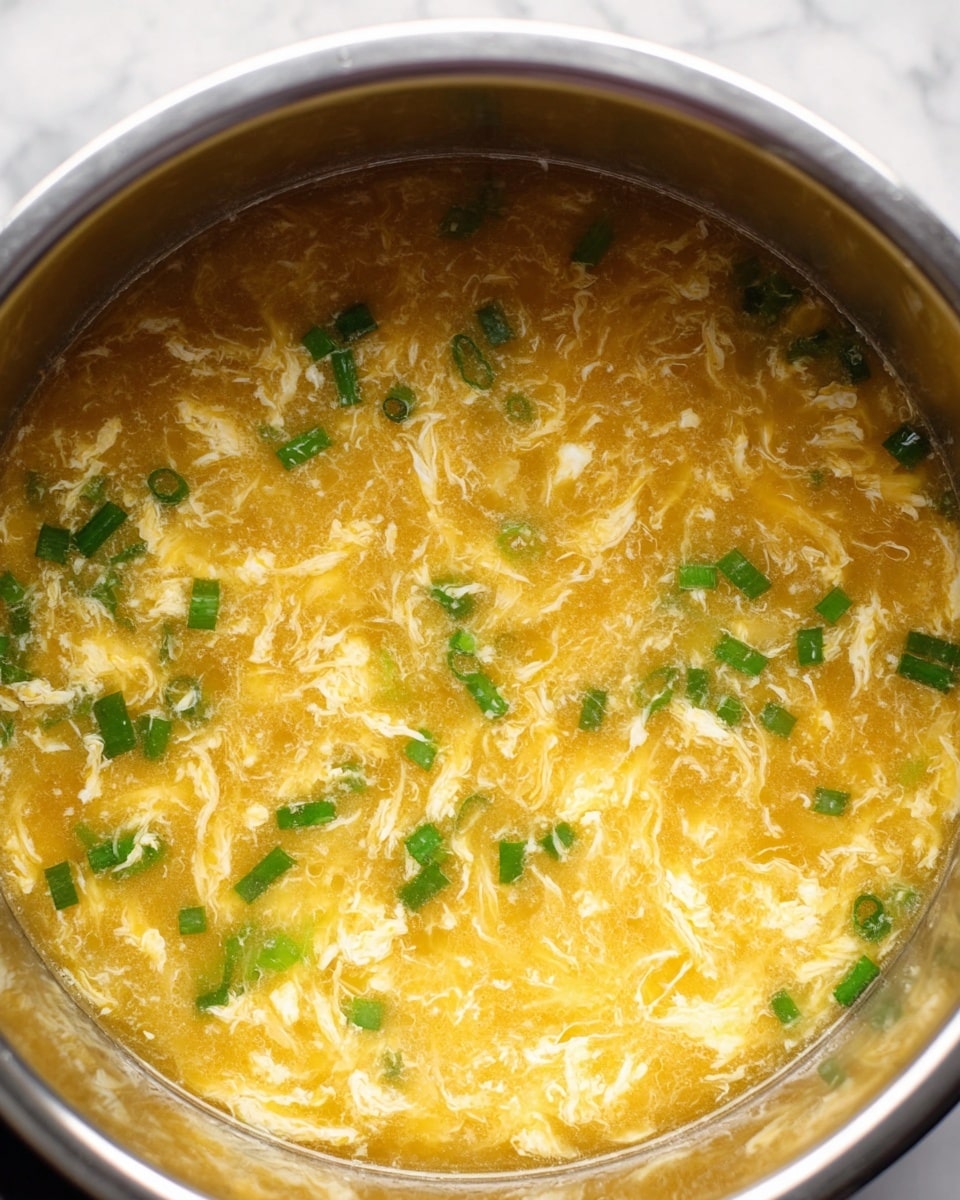 A close-up of a pot filled with egg drop soup, showing a golden-yellow broth mixed with soft, thin, white egg ribbons floating throughout. Scattered on top are small pieces of green chopped scallions that add a fresh burst of color and texture. The surface of the soup is smooth and shiny, with a slightly thickened consistency. The pot has a metallic inner surface, and the photo background is replaced with a white marbled texture. photo taken with an iphone --ar 4:5 --v 7