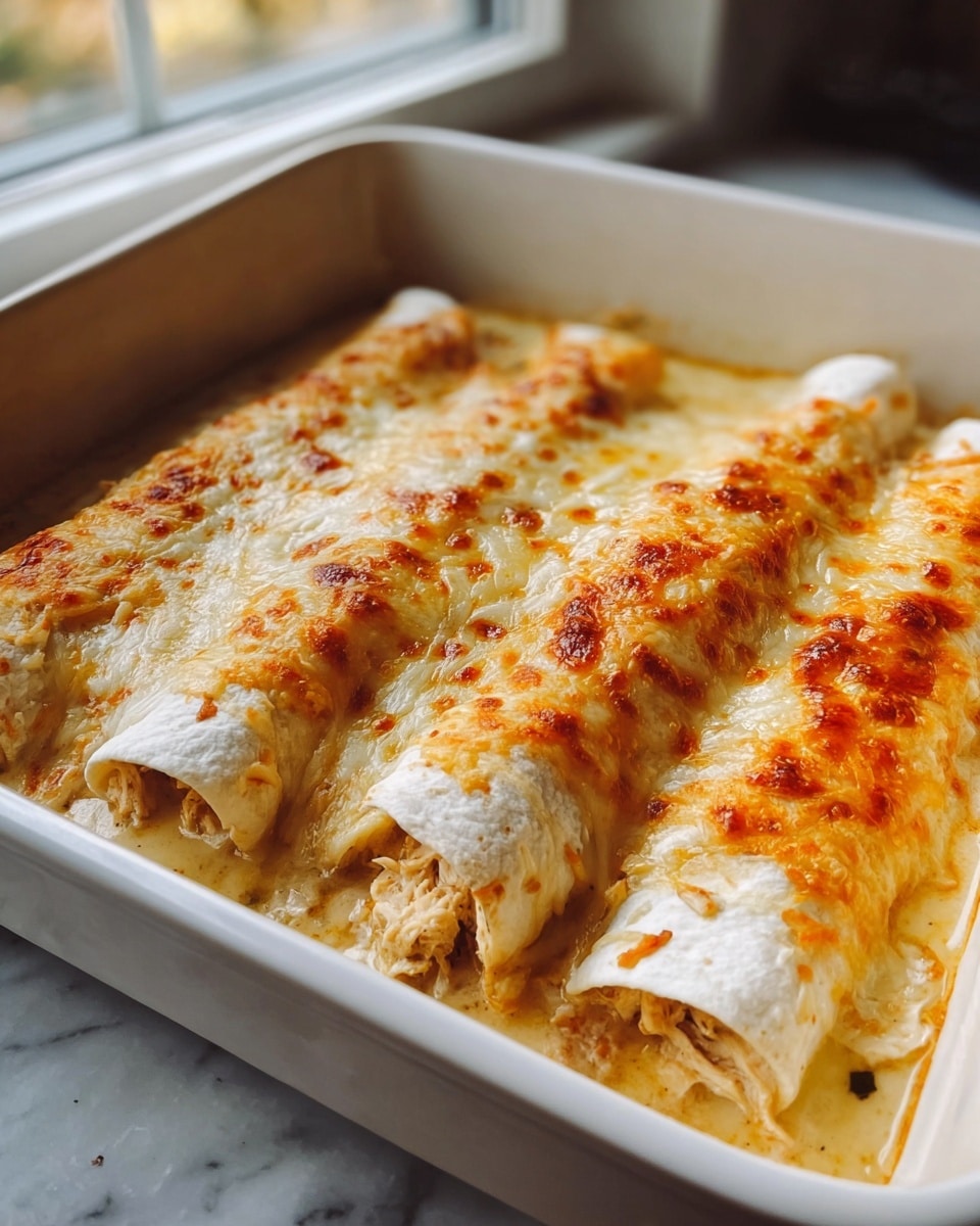 Three enchiladas filled with shredded chicken are placed side by side in a white baking dish. Each enchilada is wrapped in a light beige tortilla and topped with a thick layer of melted, golden brown cheese that forms a bubbly, slightly crispy texture on top. The white creamy sauce around the enchiladas adds a smooth base layer inside the dish. The close-up shot shows the soft and tender texture of the chicken filling peeking out from the open ends of the tortillas. The dish is set on a white marbled surface with natural light coming from a window in the background. photo taken with an iphone --ar 4:5 --v 7