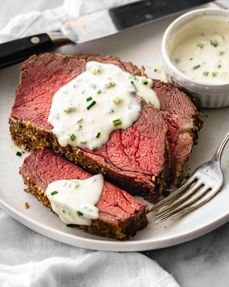A white plate holds two slices of medium-rare roast beef with a brown crust and visible seasoning. The beef layers show a deep pink center with a slightly browned outer edge. On top of the bottom slice is a thick white cream sauce with small green chive pieces, slightly spilling over the sides. A fork holds a bite-sized piece of roast beef at the plate’s edge, also topped with some cream sauce. A small white bowl with more cream sauce and chives is partially visible on the plate. The plate rests on a white marbled surface, with a black-handled knife and white cloth nearby. Photo taken with an iphone --ar 4:5 --v 7