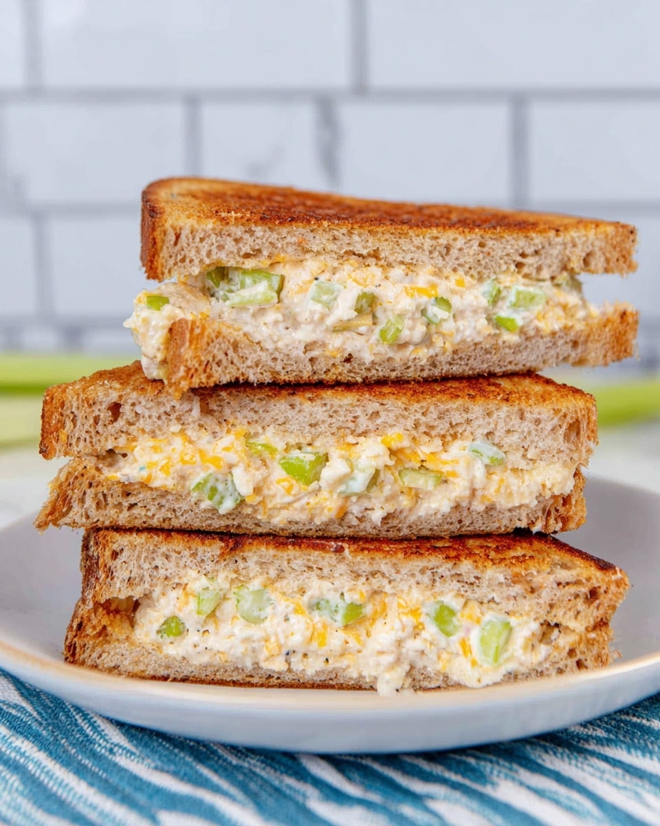 A close-up of a stack of three triangular grilled sandwiches on a white plate, each sandwich cut diagonally showing three layers: the golden-brown toasted whole grain bread on top and bottom, with a creamy filling in the middle that includes white and yellow cheese mixed with small pieces of green celery, giving a slightly chunky texture. The sandwiches are resting on a white marbled surface with a blue and white striped cloth beneath the plate, and a blurred white tile background behind. photo taken with an iphone --ar 4:5 --v 7